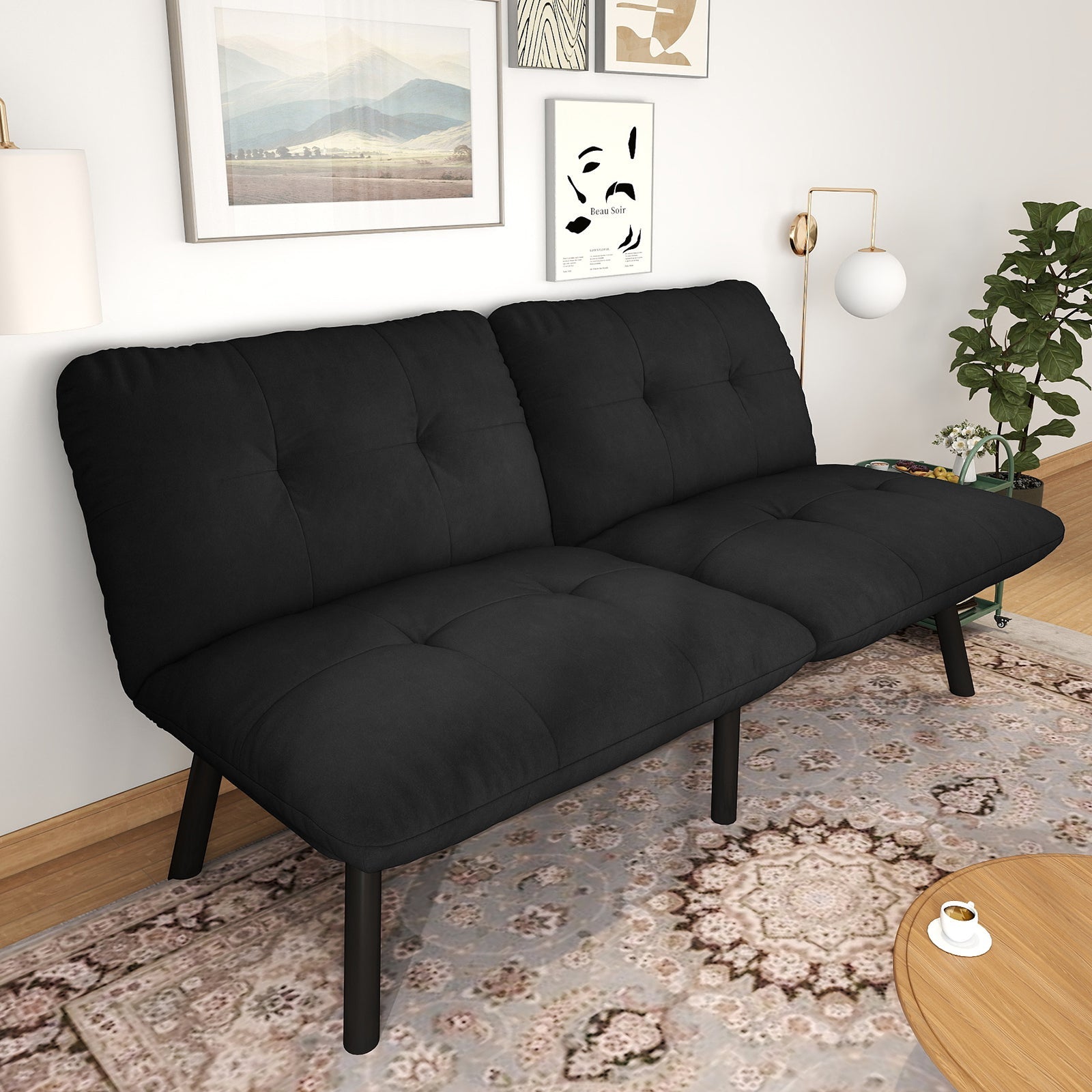 Logidon zwarte moderne slaapbank, 2-zits futon met slaapfunctie