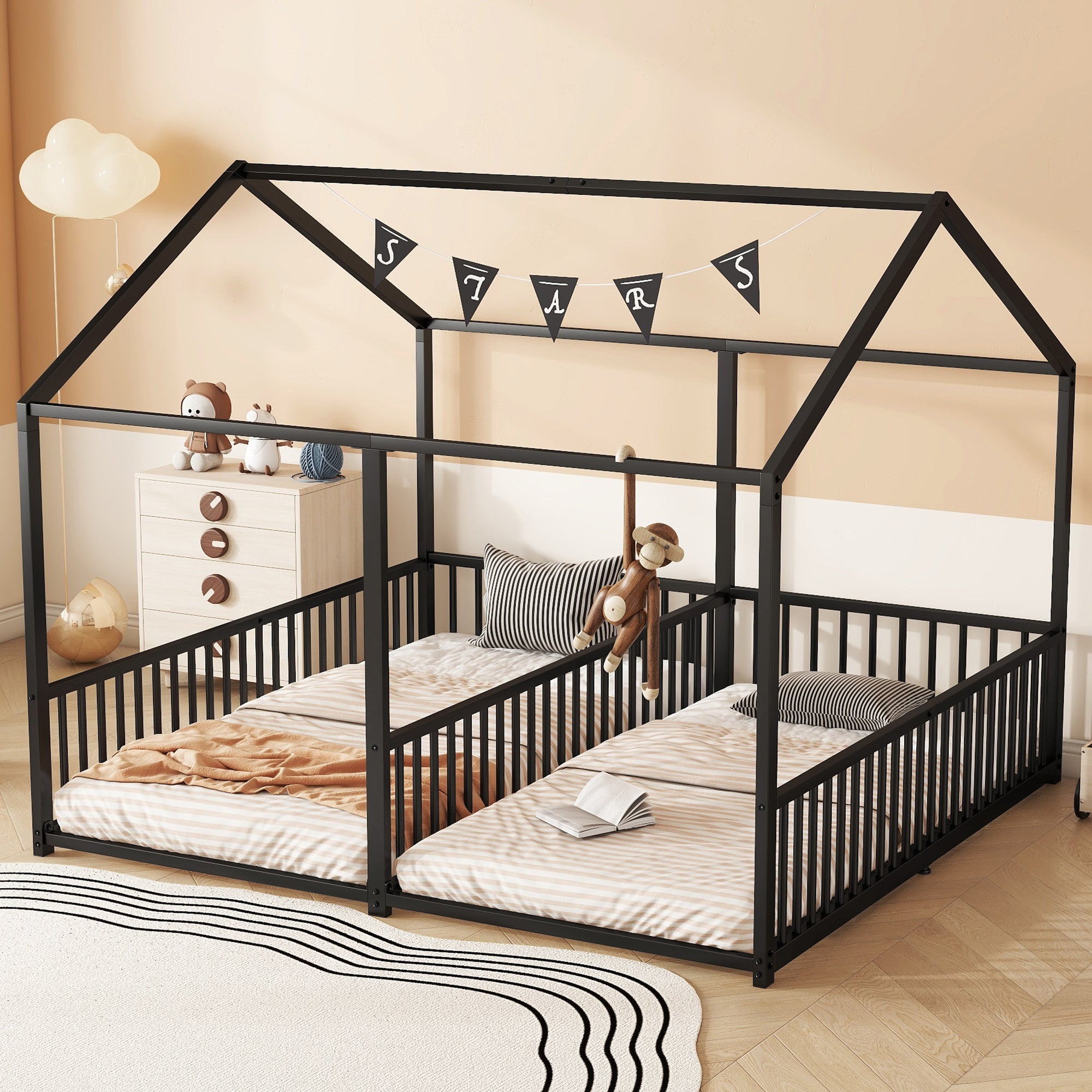 Logidon Metalen Bed Kinderbed 90x200 cm Zwart met Reling