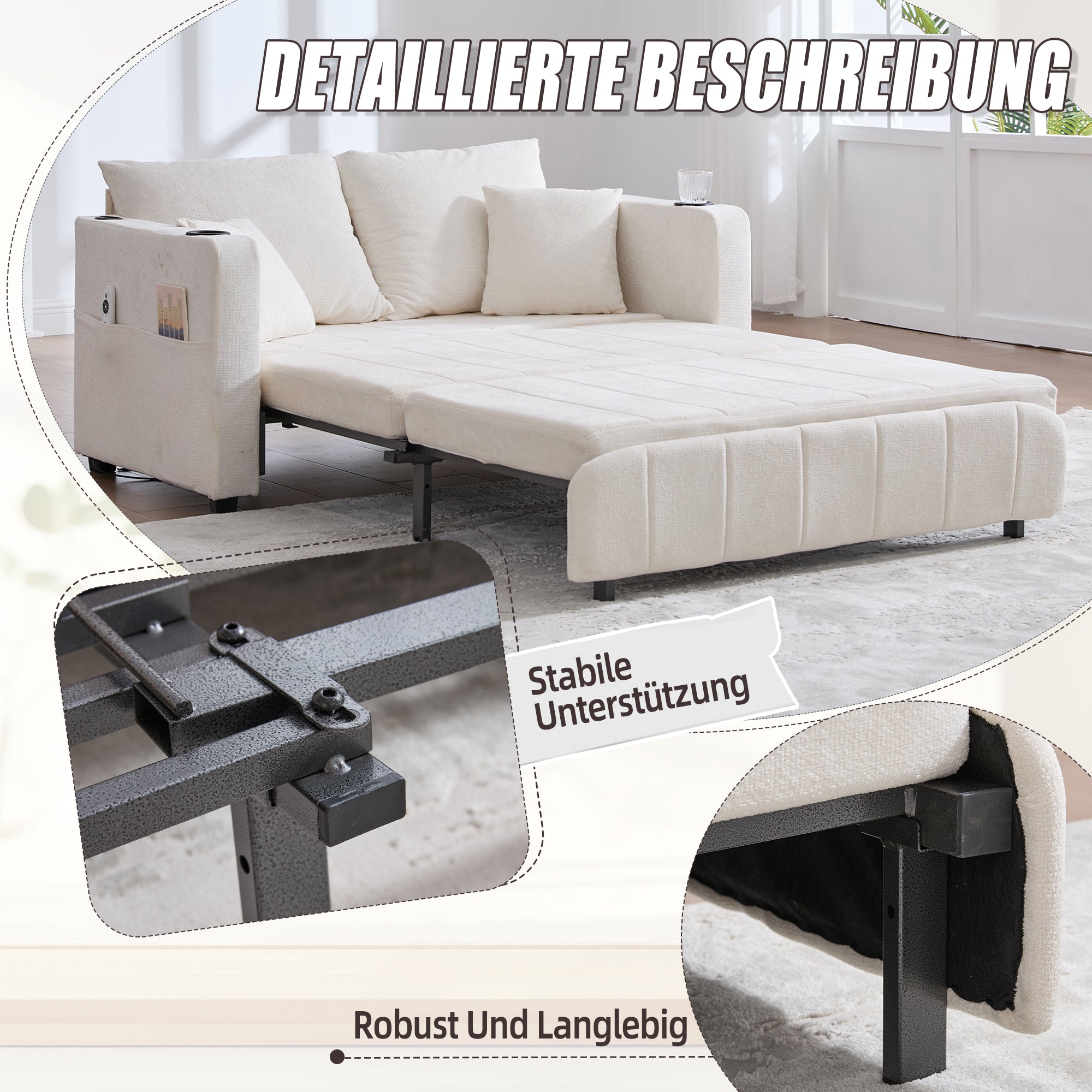 Logidon Beige Fluweel Multifunctionele Stoffen Bank Uitschuifbaar USB
