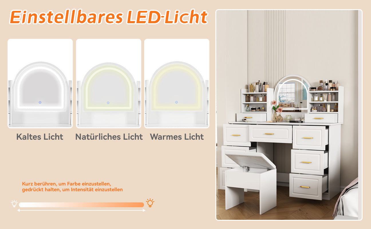 Logidon kaptafel met spiegel en LED-verlichting 9 lades wit 120x40x135
