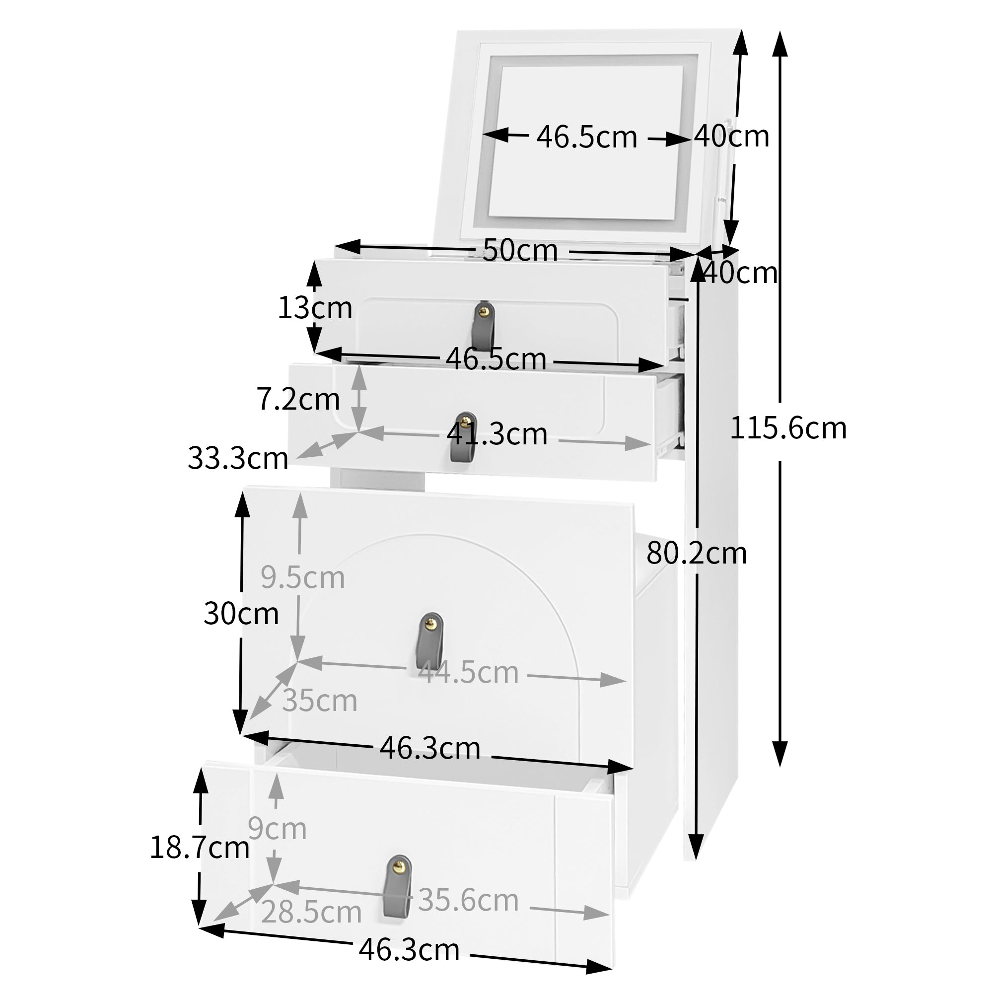 Logidon kaptafel met spiegel en LED-verlichting wit 3 lades