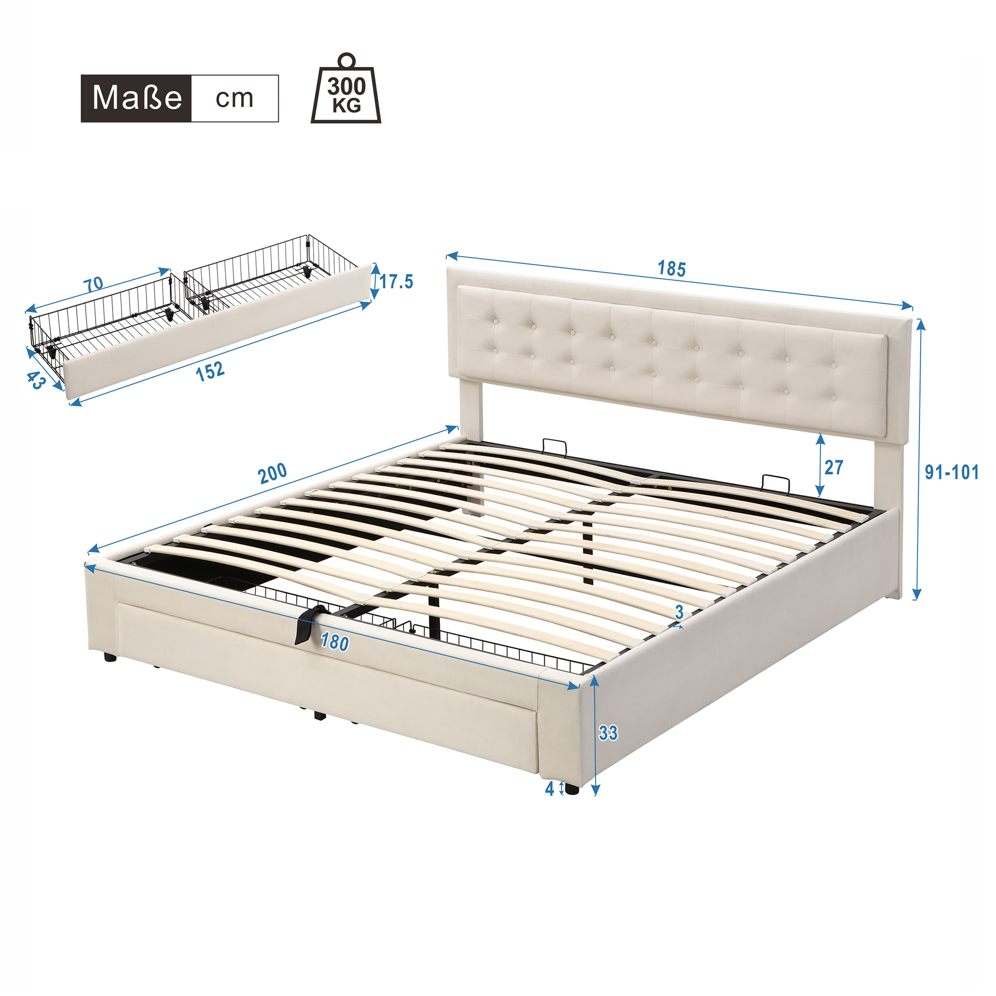 Logidon bed met lades en lades 180x200 beige opbergruimte