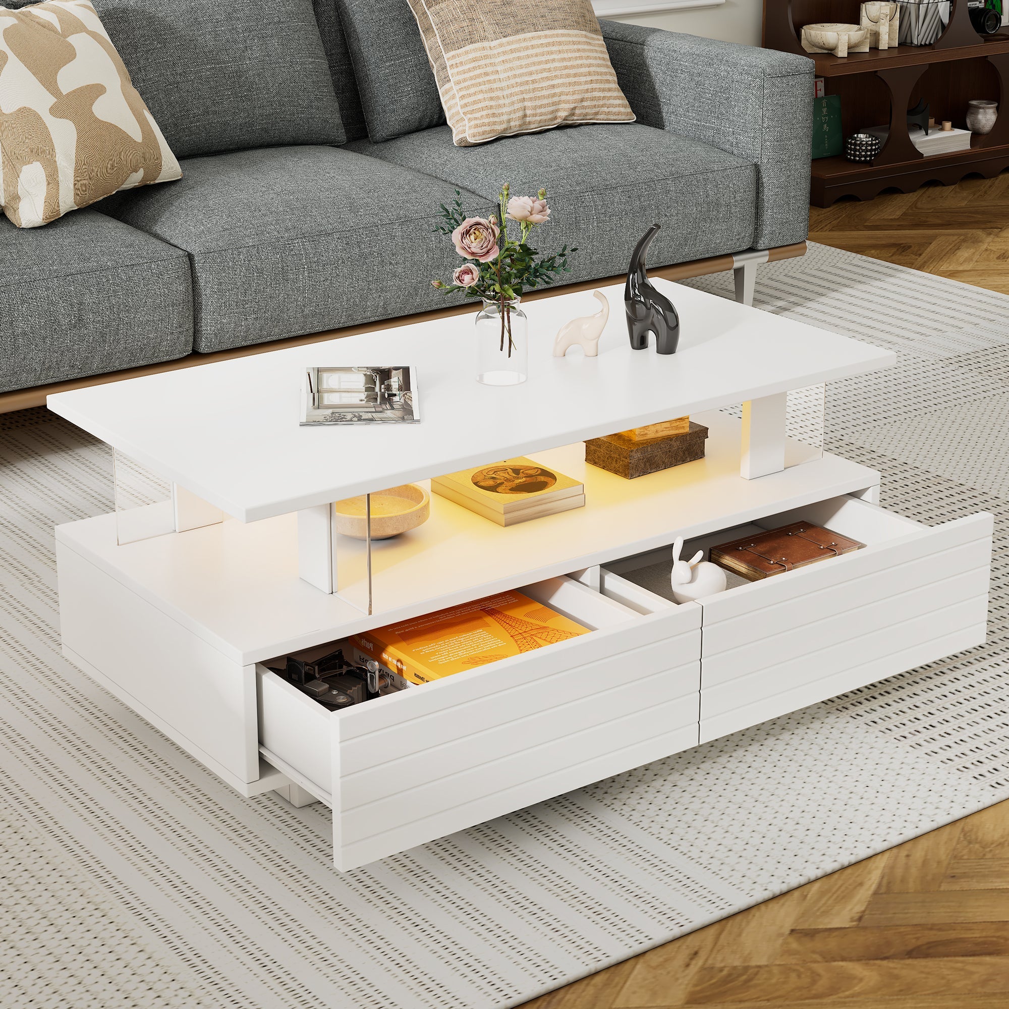 Logidon Witte LED Salontafel met Opbergruimte Bluetooth App Bediening 100x50x42 Cm