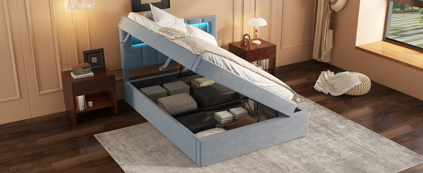 Logidon flat bed 90x200 velvet gray ambient light headboard