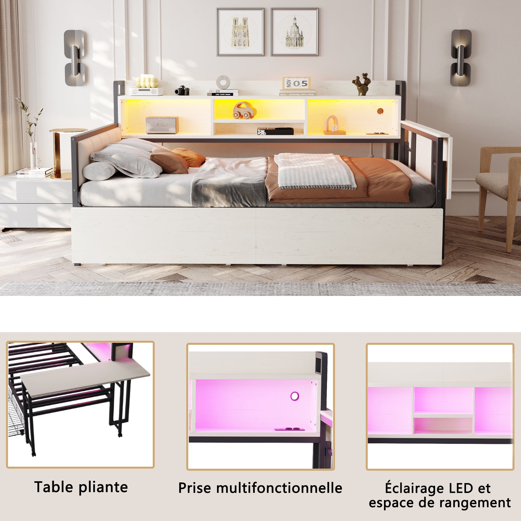 Logidon ijzeren slaapbank 90x200 cm met LED-verlichting opbergruimte wit