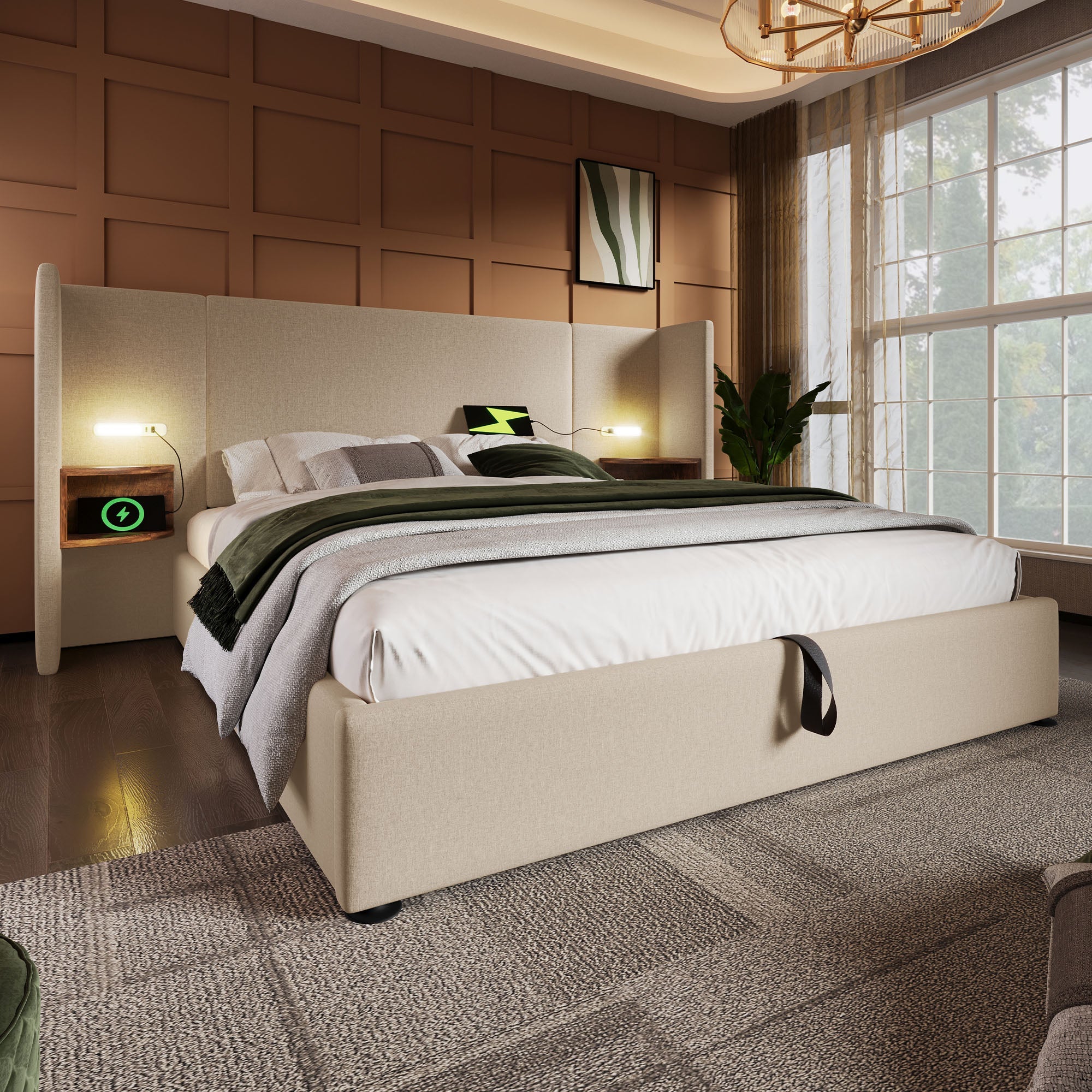 Logidon upholstered bed 160x200 beige with USB C charging function