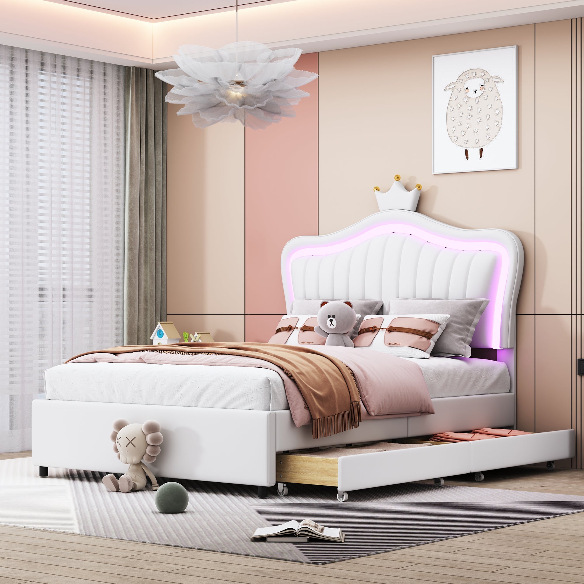 Logidon kinderbed 90x200 wit kroonbedframe LED opbergruimte