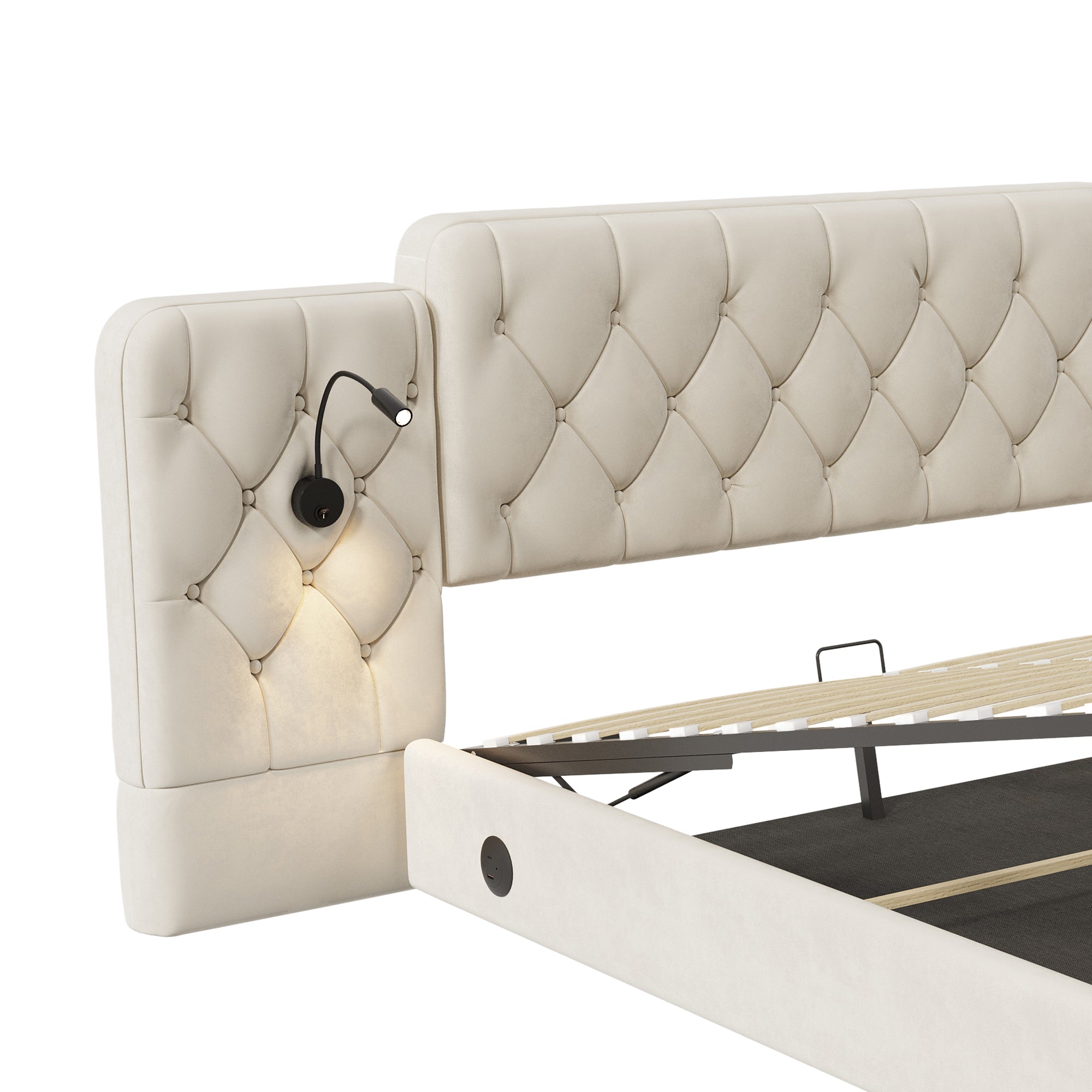 Logidon bedframe beige fluweel met lang hoofdeinde en USB-poorten