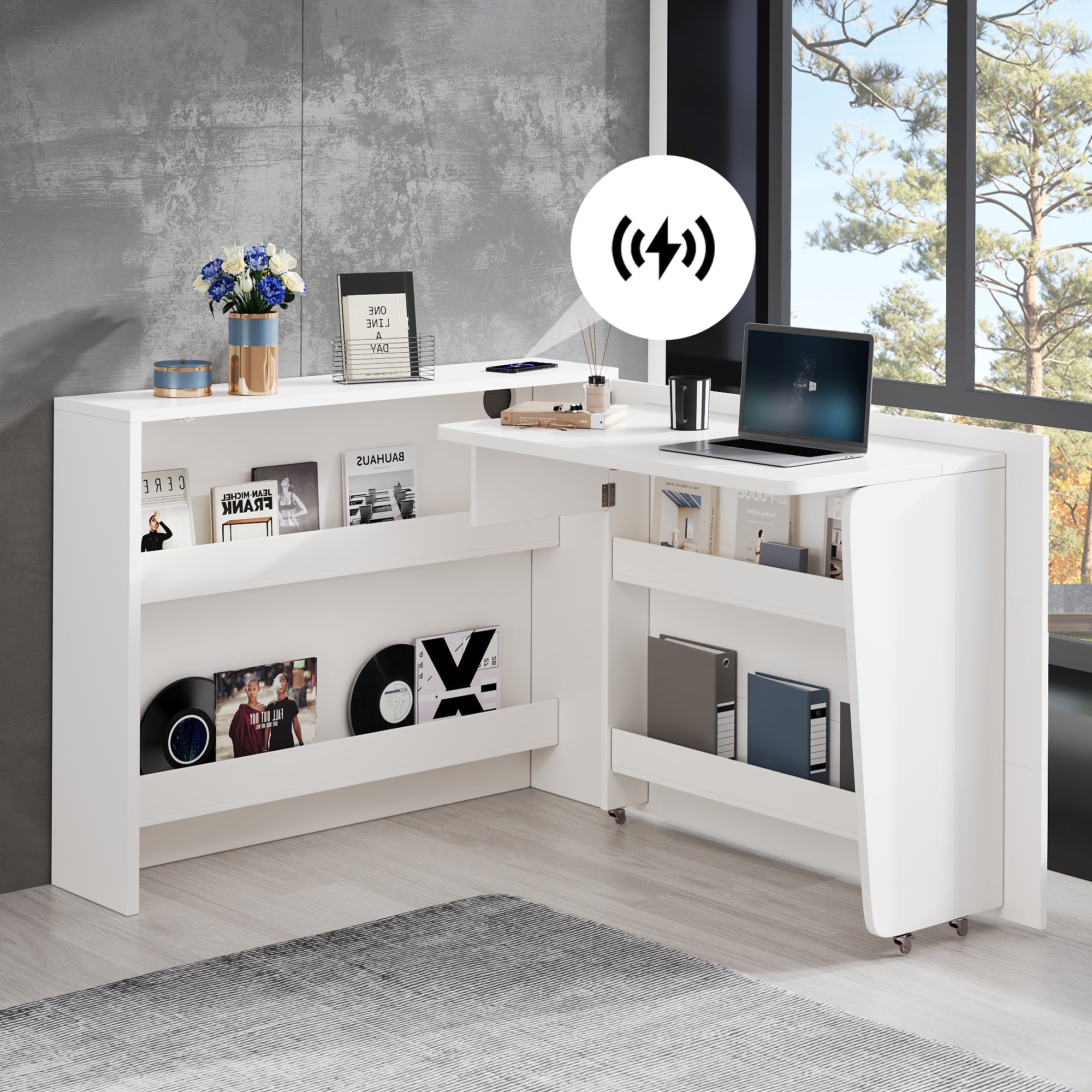 Logidon Opvouwbaar Bureau met Wielen en Draadloze Oplader Wit