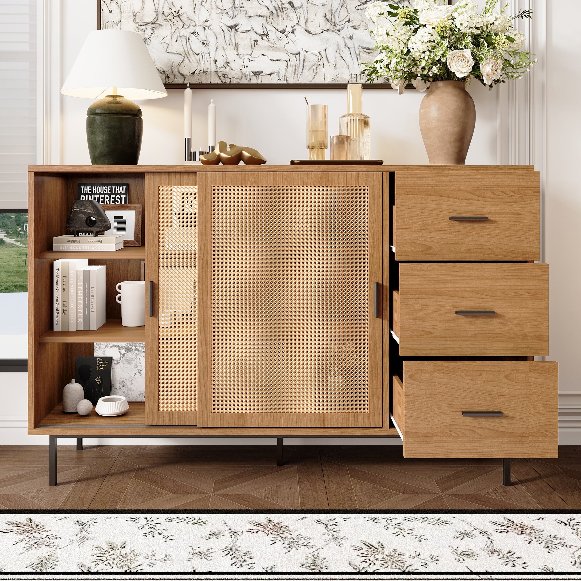 Logidon dressoir naturel 140x37x91cm met 2 schuifdeuren en 3 lades