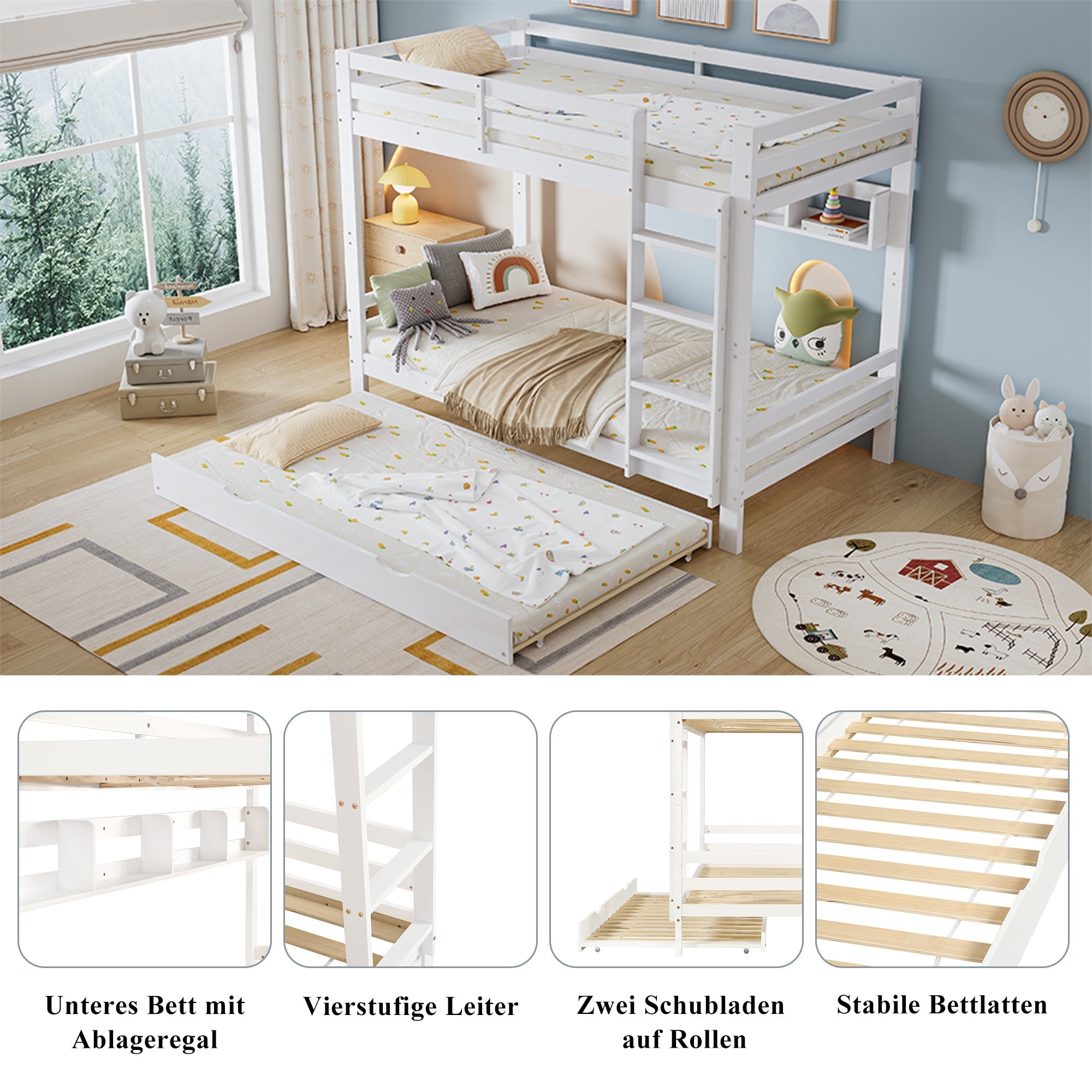 Logidon Kinderstapelbed 90x200cm Uitschuifbed op wielen Wit