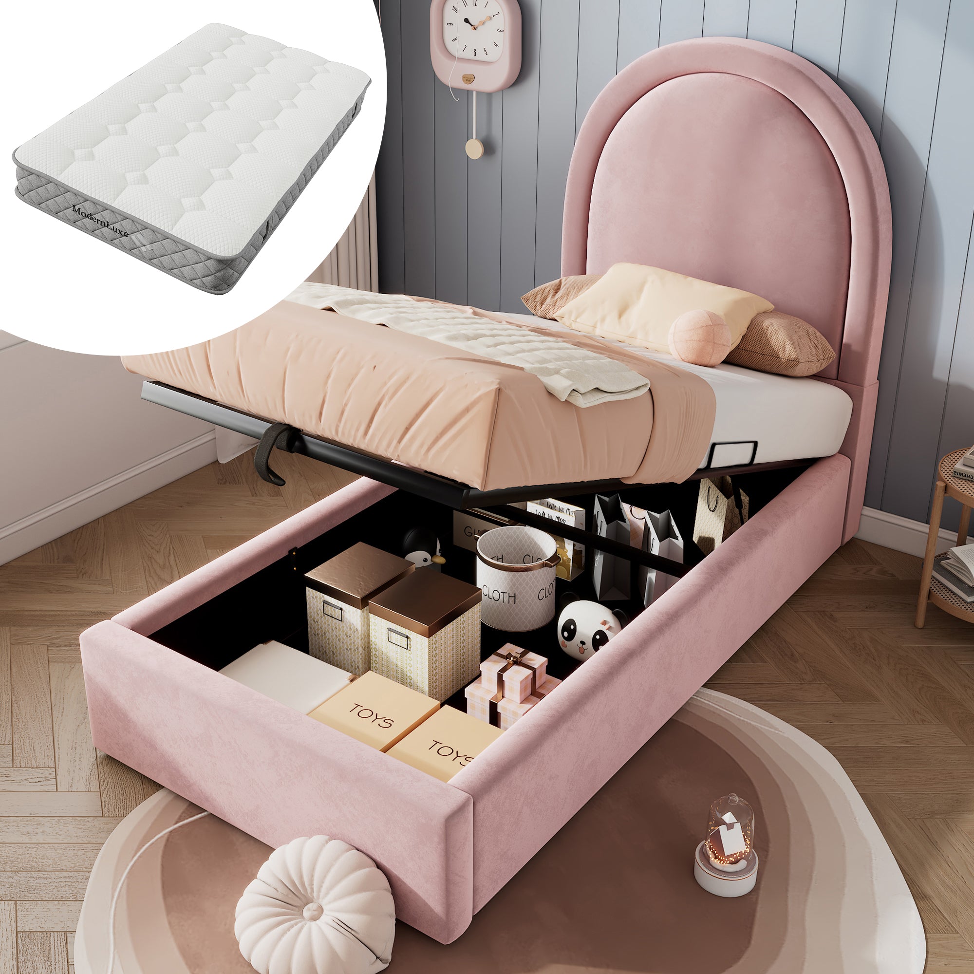 Logidon gestoffeerd bed kinderbed roze 90x200 cm met matras