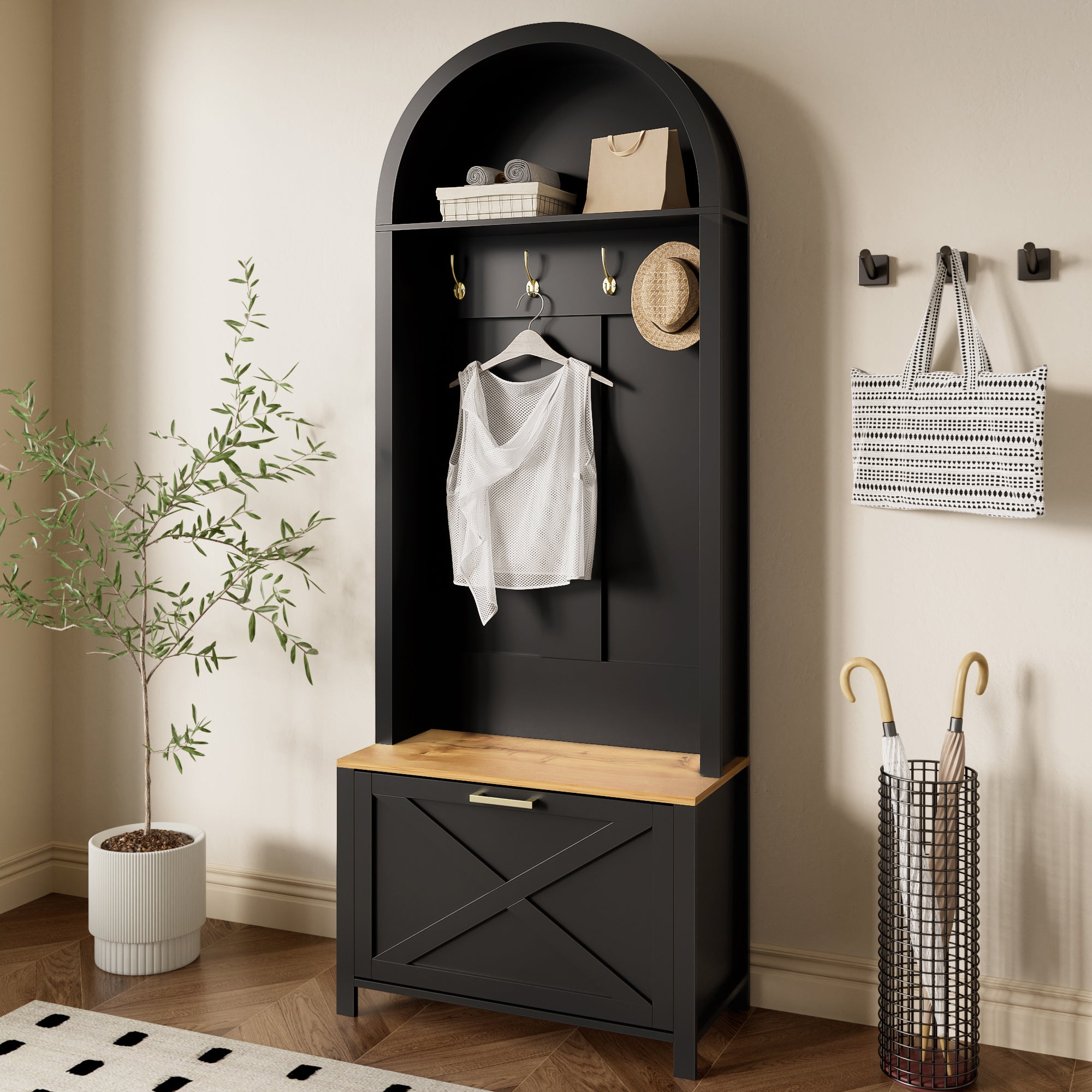 Logidon Garderobekast Zwart 75x35x195 cm Halboom met Schoenenrek