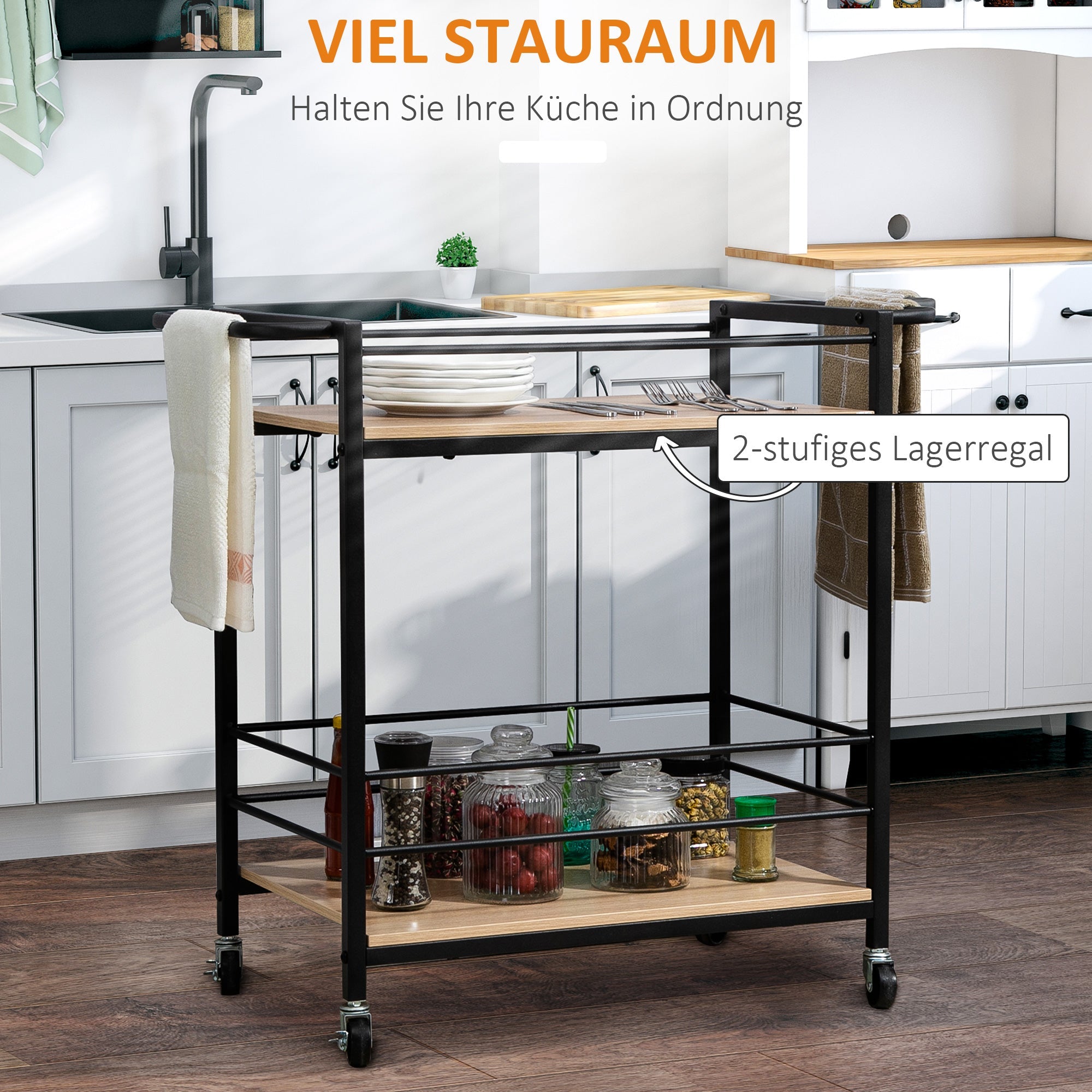 Logidon serveerwagen 2 niveaus met handvat, wielen en remmen, 82x40x75 cm
