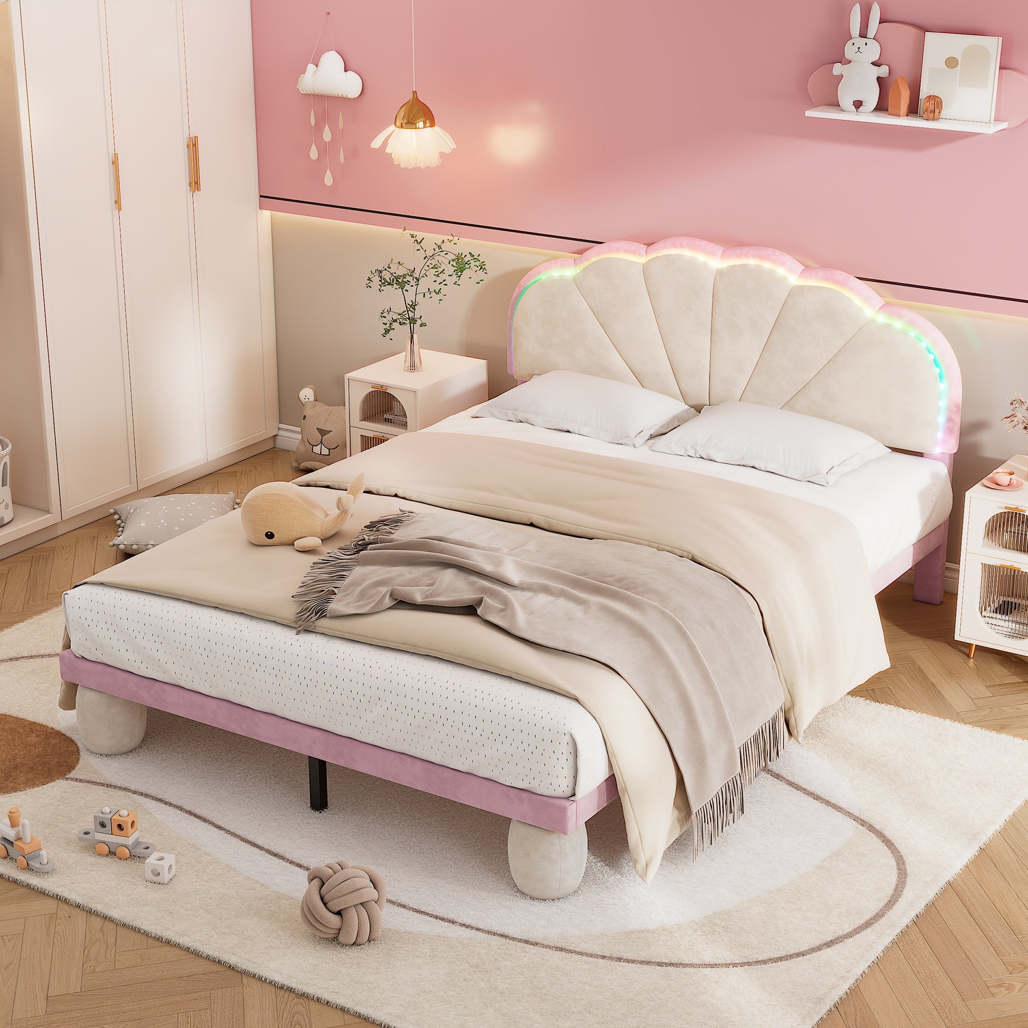 Logidon gestoffeerd bed 140x200 beige roze LED-lichtstrips