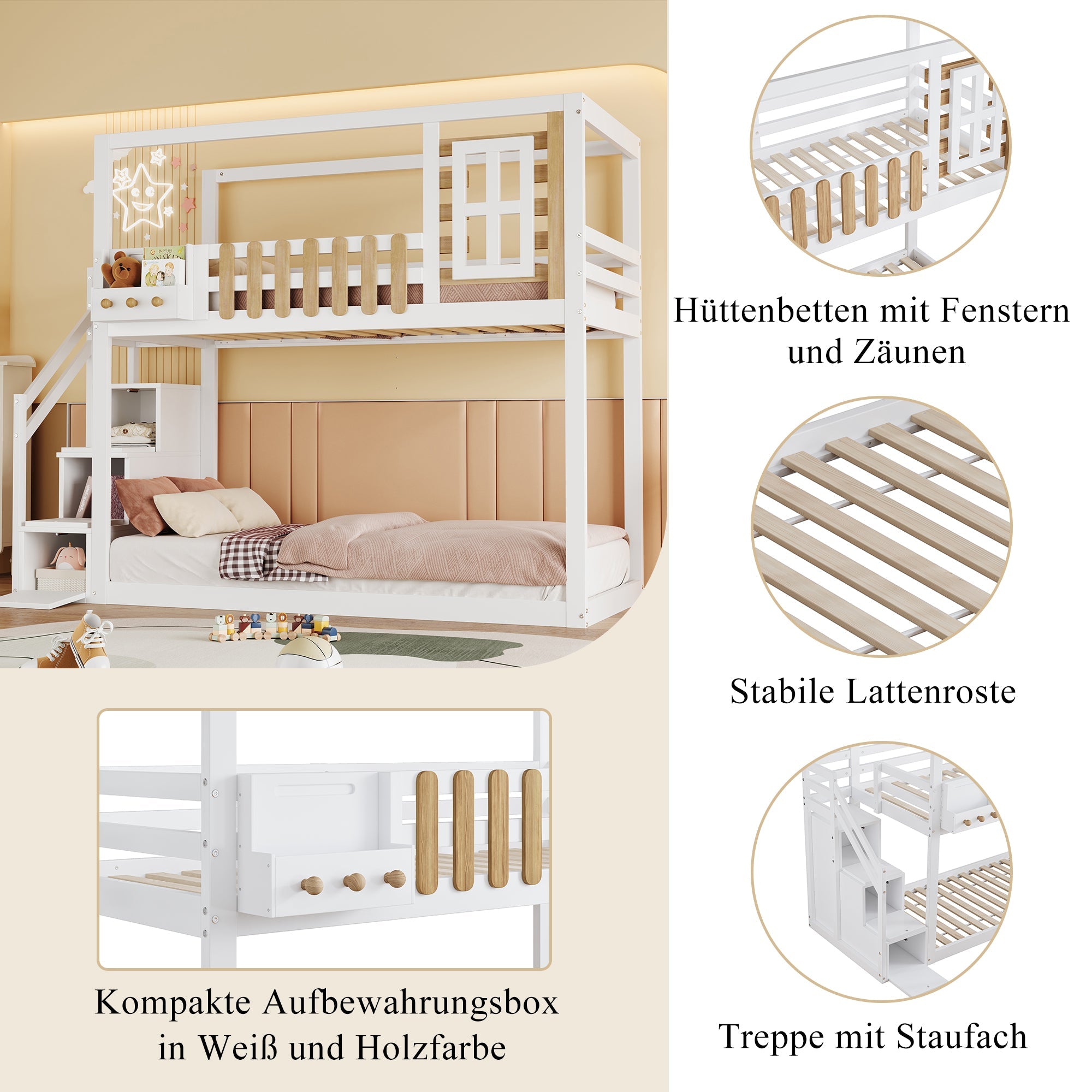 Logidon Bunk Bed With Stairs Window Pine Wood White 90x200 cm