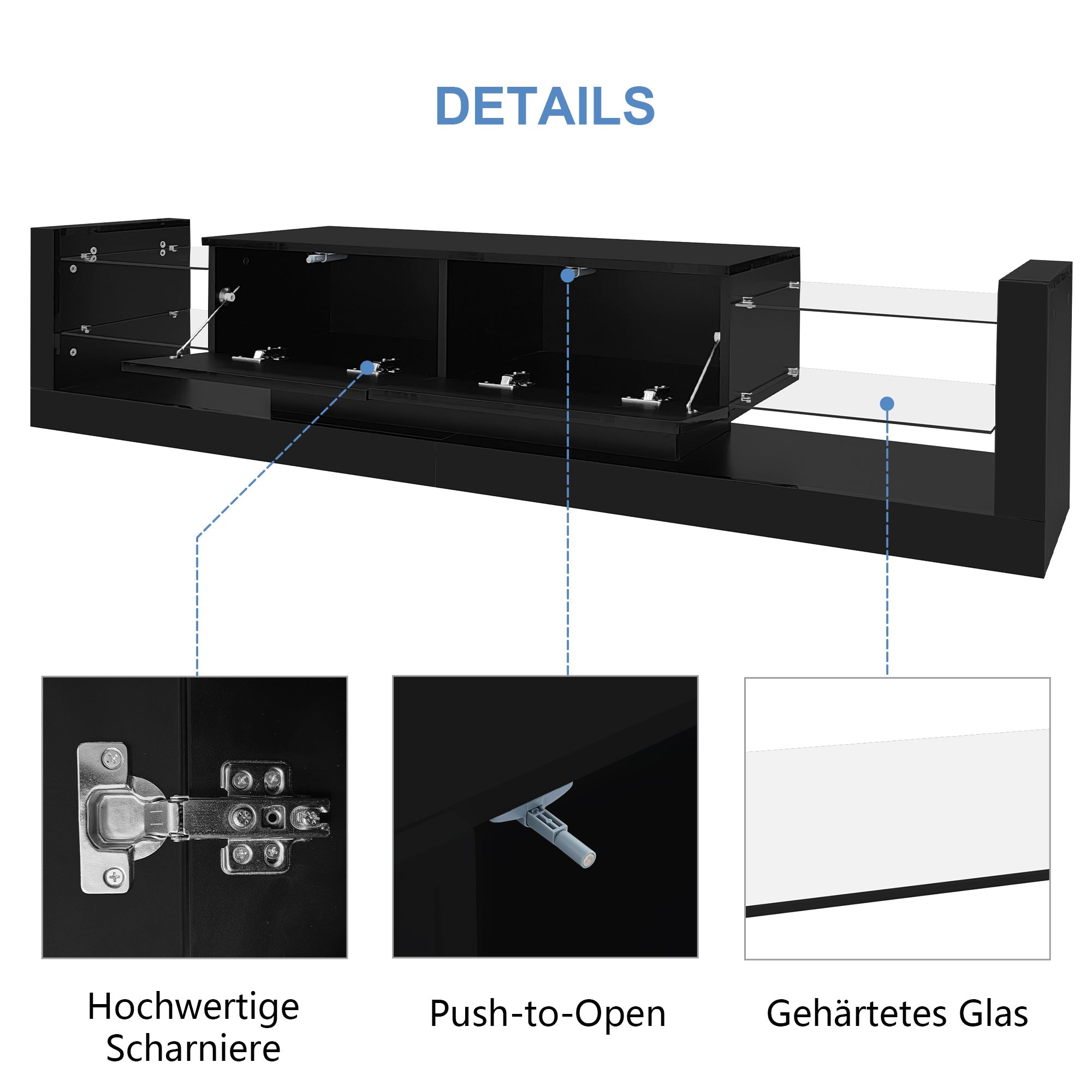 Logidon high-gloss TV cabinet 181 cm LED lighting black glass front