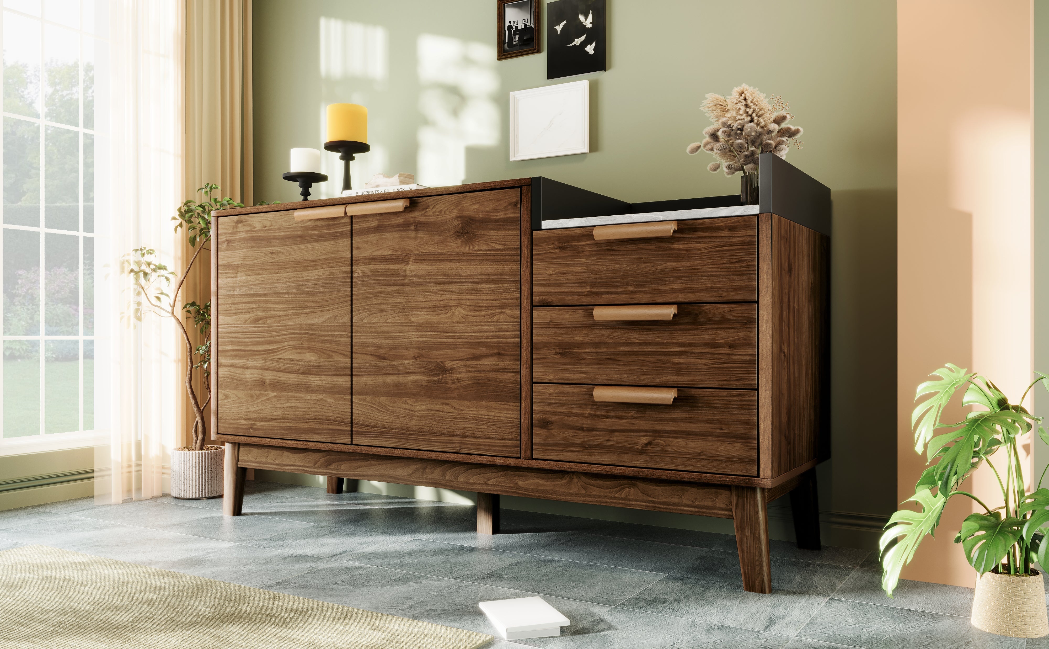 Logidon woonkamer ladekast eiken decor marmerlook blad 3 lades