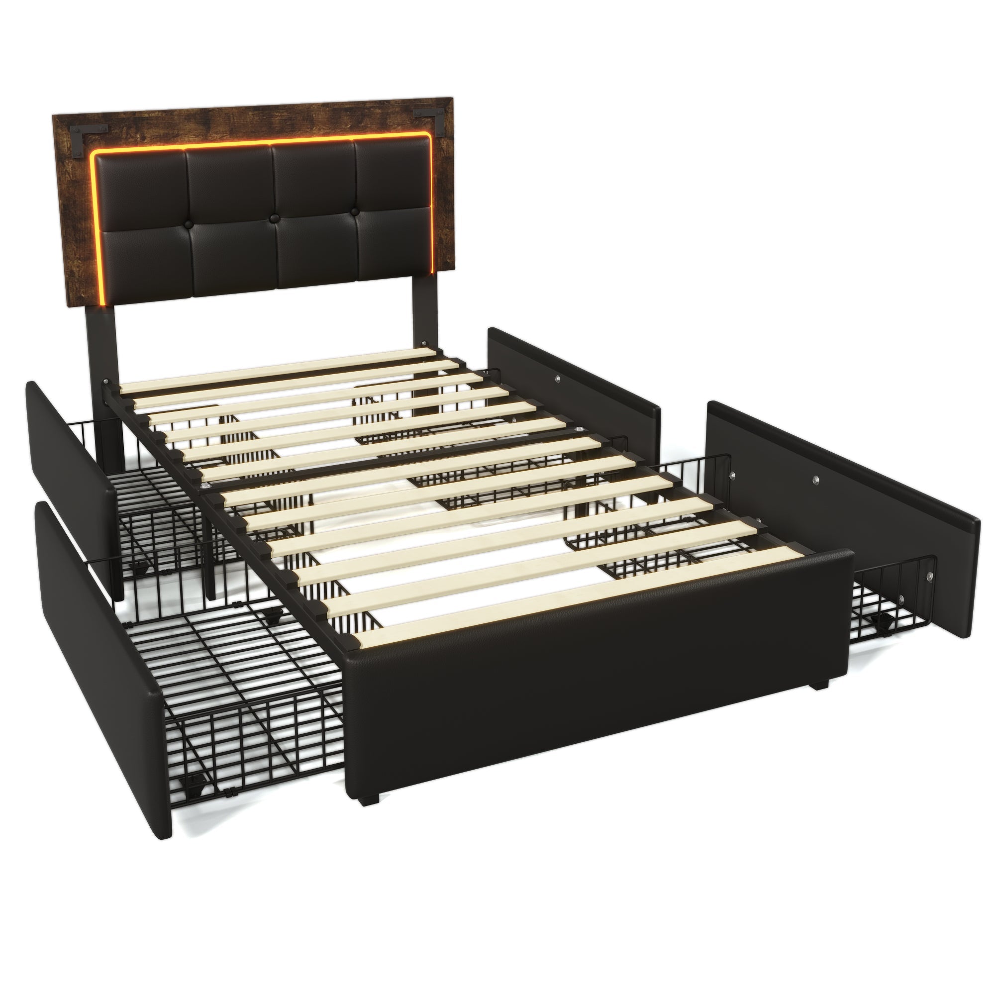 Logidon bedframe 90x200cm met LED-strip en vier lades zwart