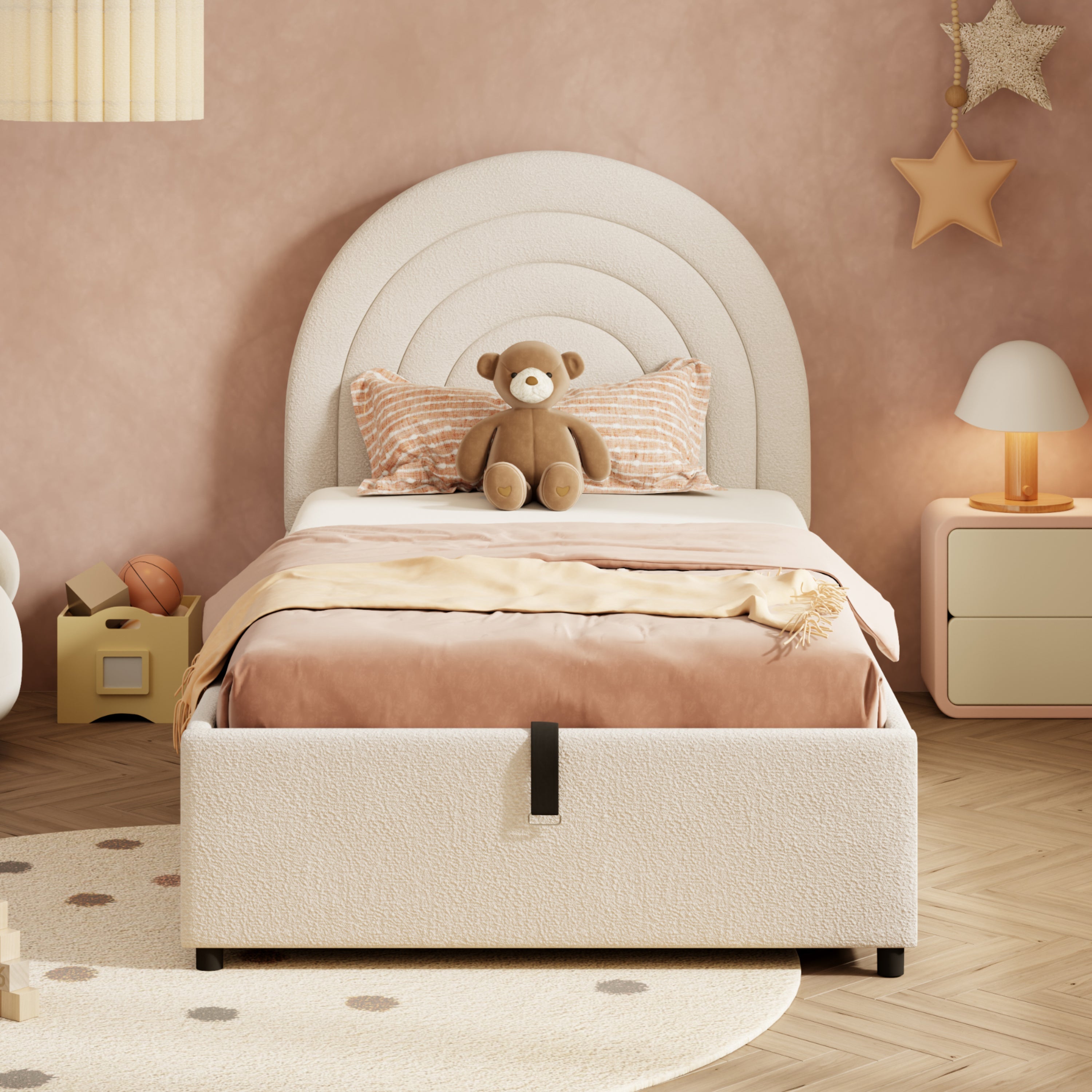 Logidon kinderbed 90x200 beige bouclé hoofdbord lattenbodem