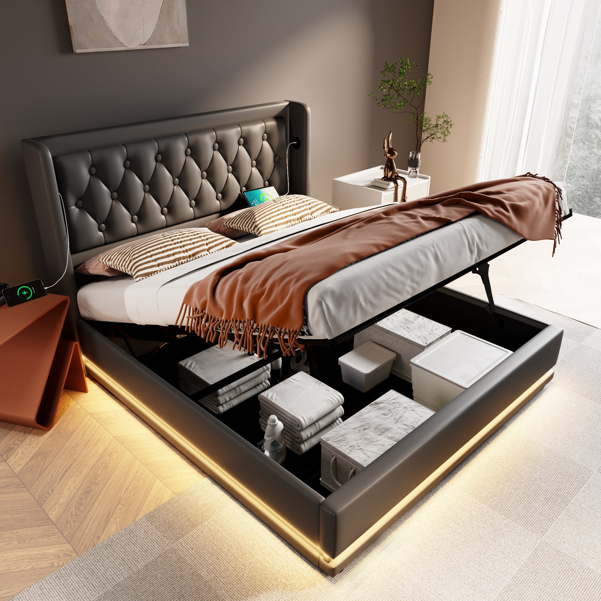 Logidon upholstered bed 140x200 black PU hydraulic storage space USB Type C charging function