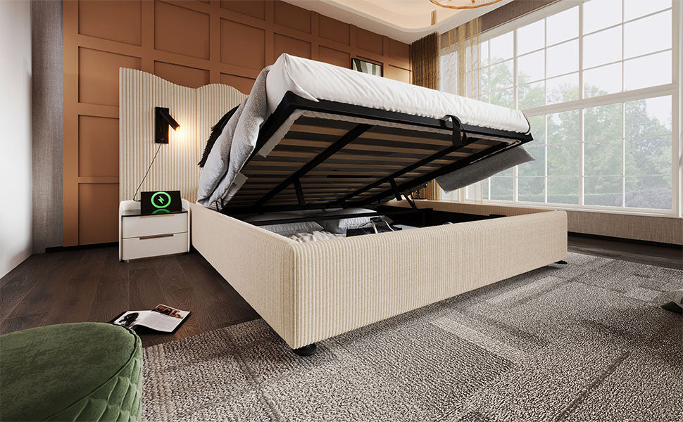 Logidon gestoffeerd bed tweepersoonsbed 180x200 beige-wit leeslamp USB-C opladen