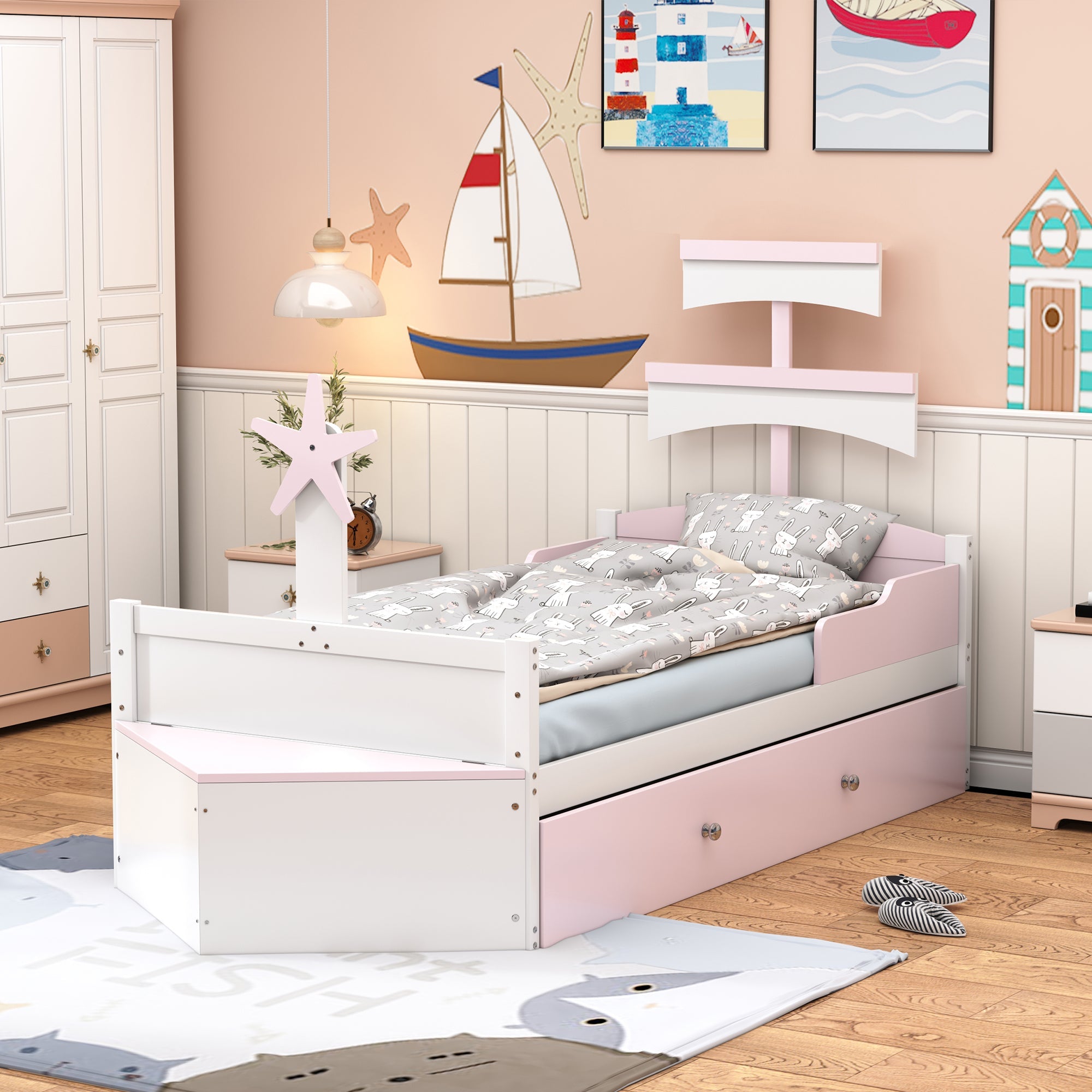 Logidon kinderbed hout roze zeilbootvorm 90x200 met uitschuifbaar bed