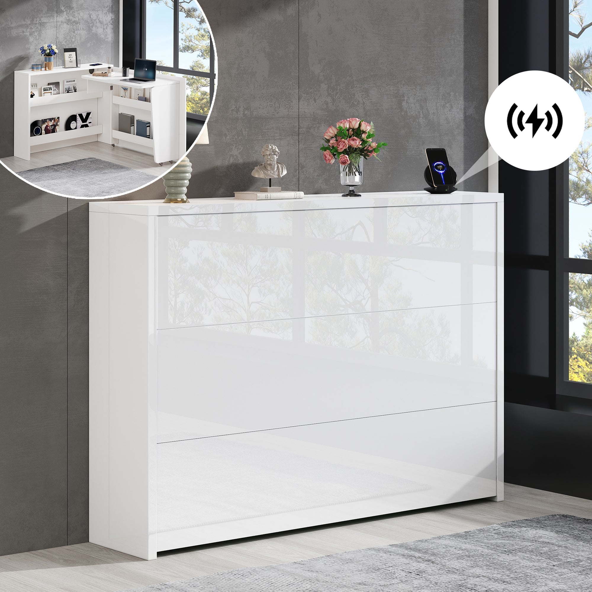 Logidon Opvouwbaar Bureau met Wielen en Draadloze Oplader Wit