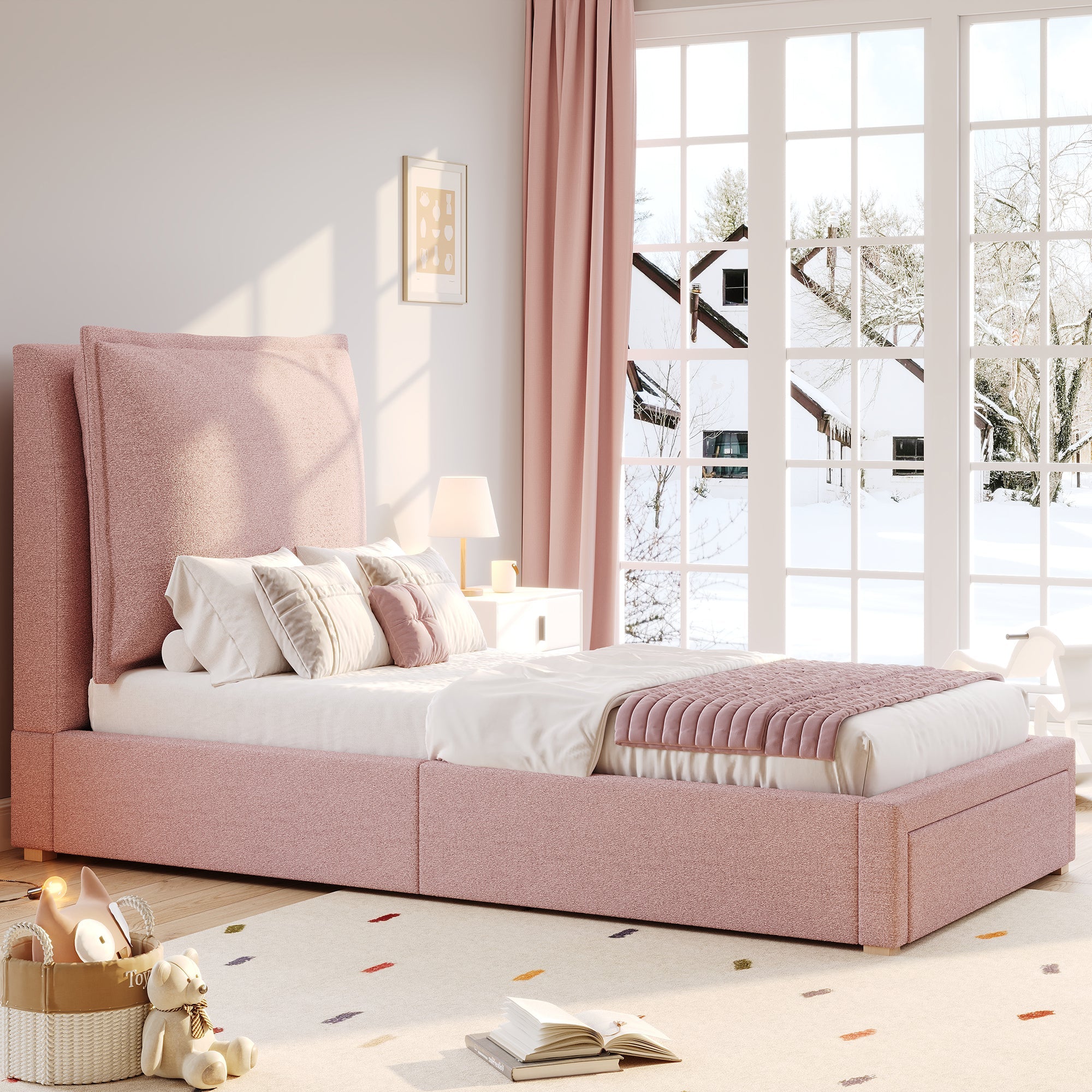 Logidon gestoffeerd bed 90x200 roze chenille met opbergruimte en lattenbodem