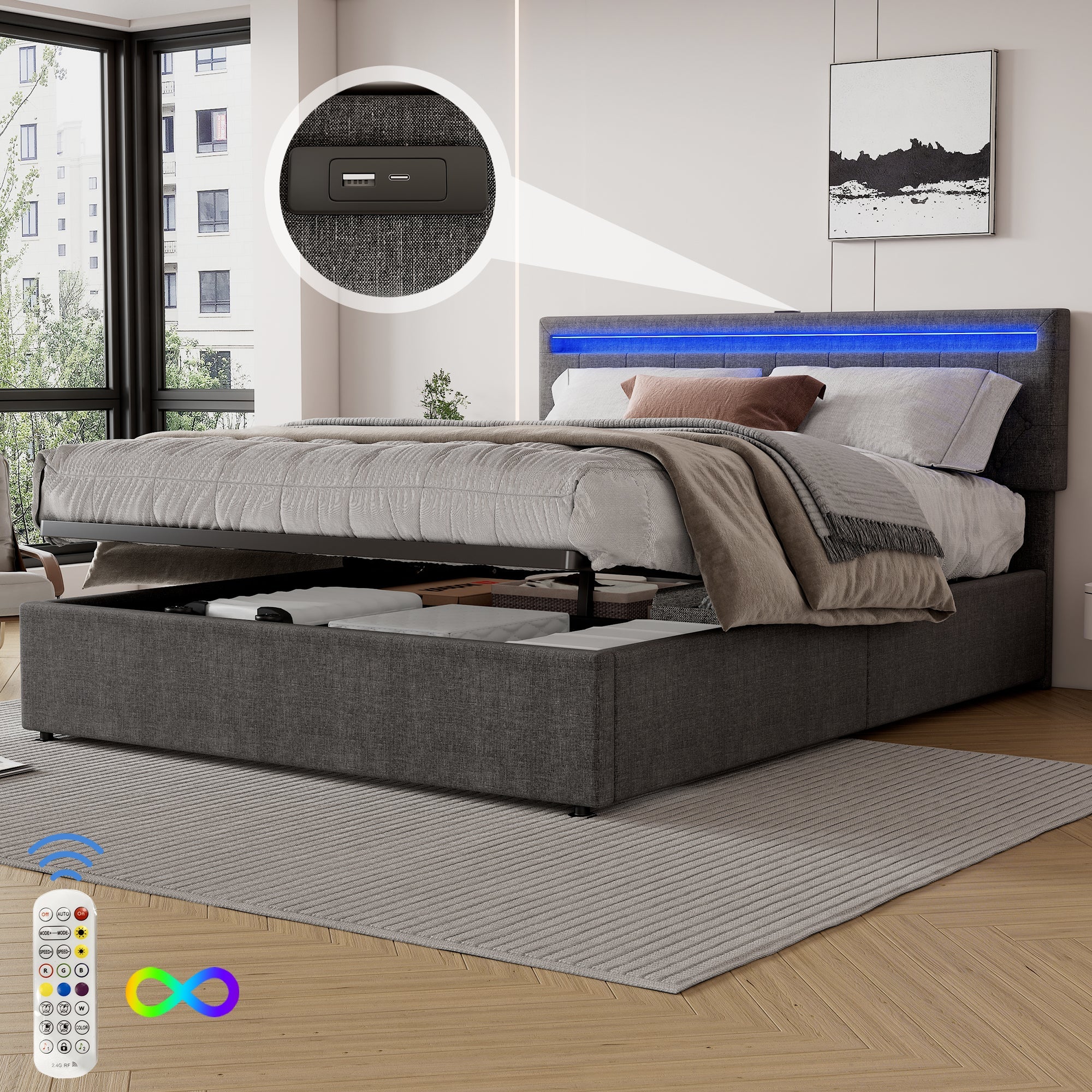 Logidon grijs gestoffeerd bed 160x200 cm met LED Ambient USB-C