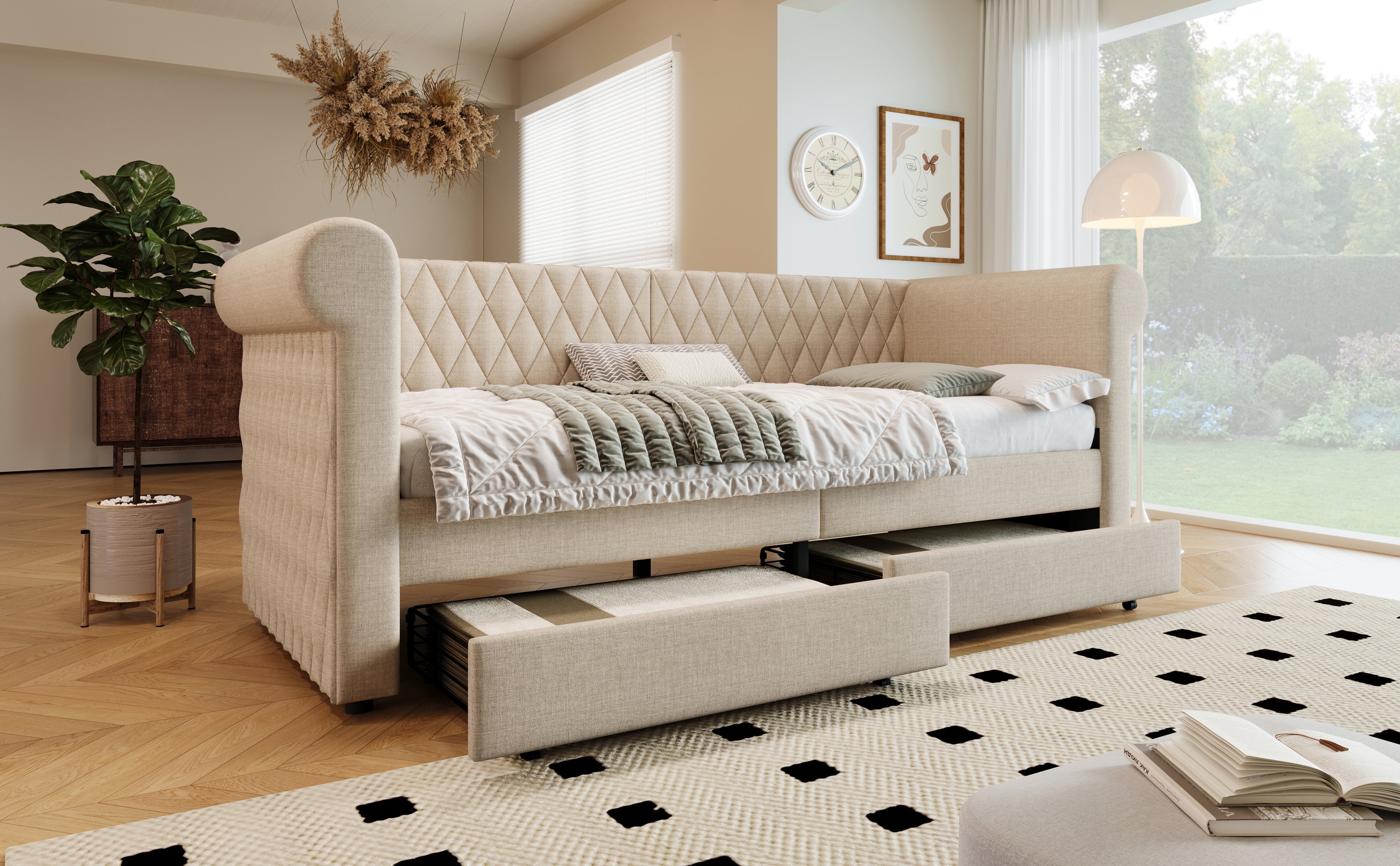 Logidon Vintage Upholstered Bed 90x200 Beige Linen Sofa Bed With Storage Space