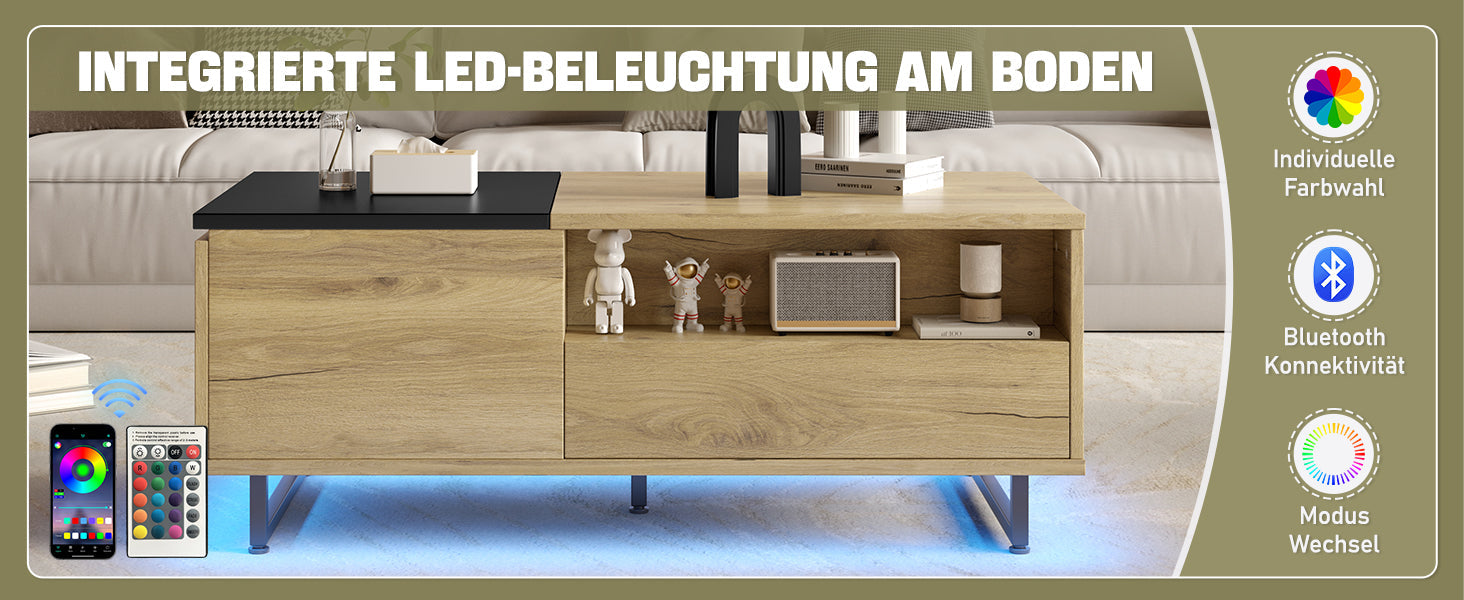 Logidon In hoogte verstelbare salontafel met LED-verlichting en opbergruimte