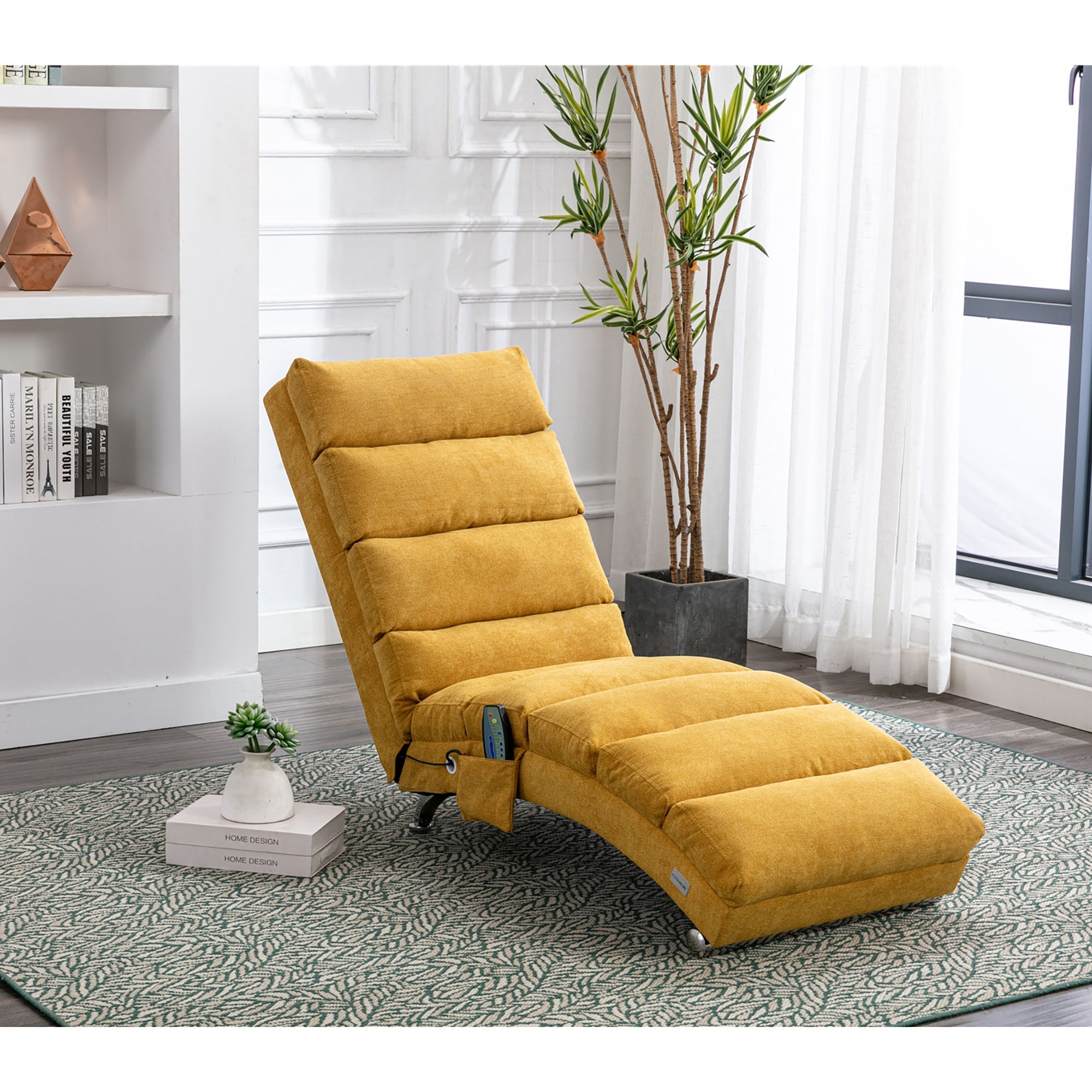 Logidon Linnen Massage Chaise Longue Met Afstandsbediening Mosterdgeel