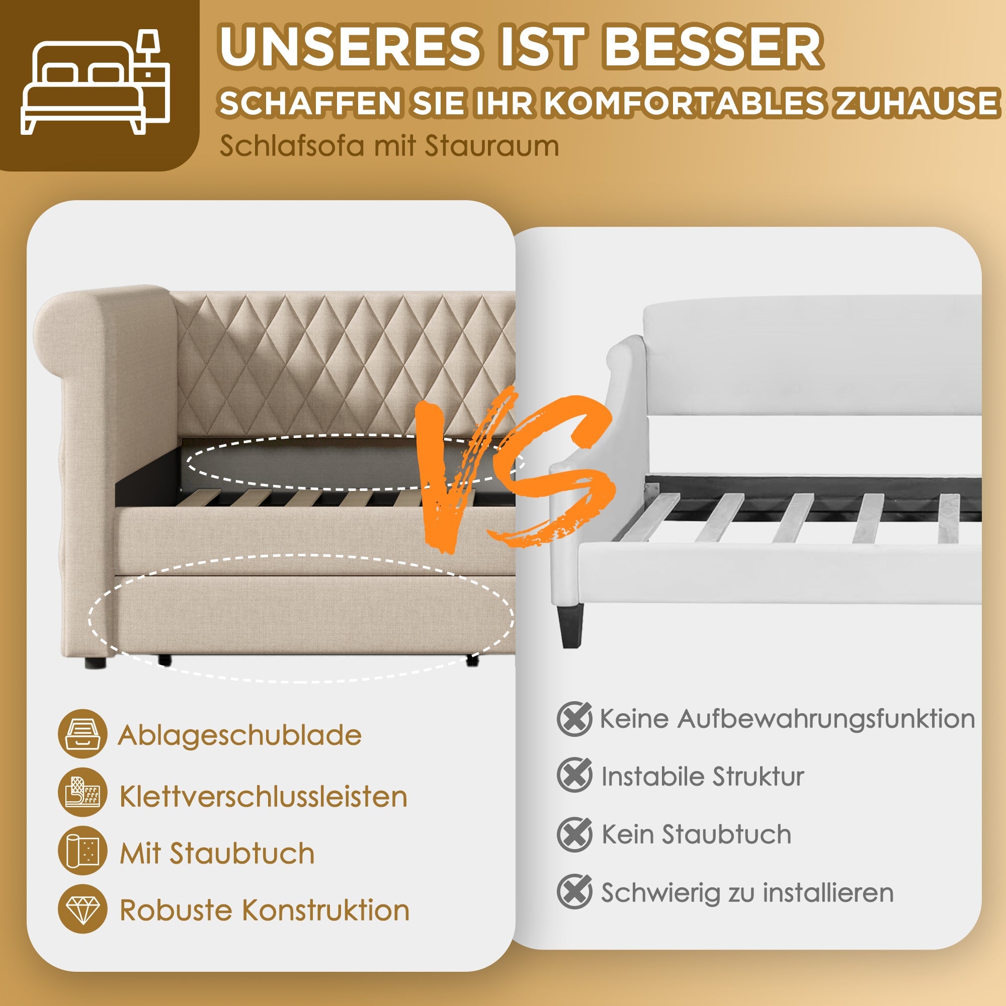 Logidon Vintage Upholstered Bed 90x200 Beige Linen Sofa Bed With Storage Space