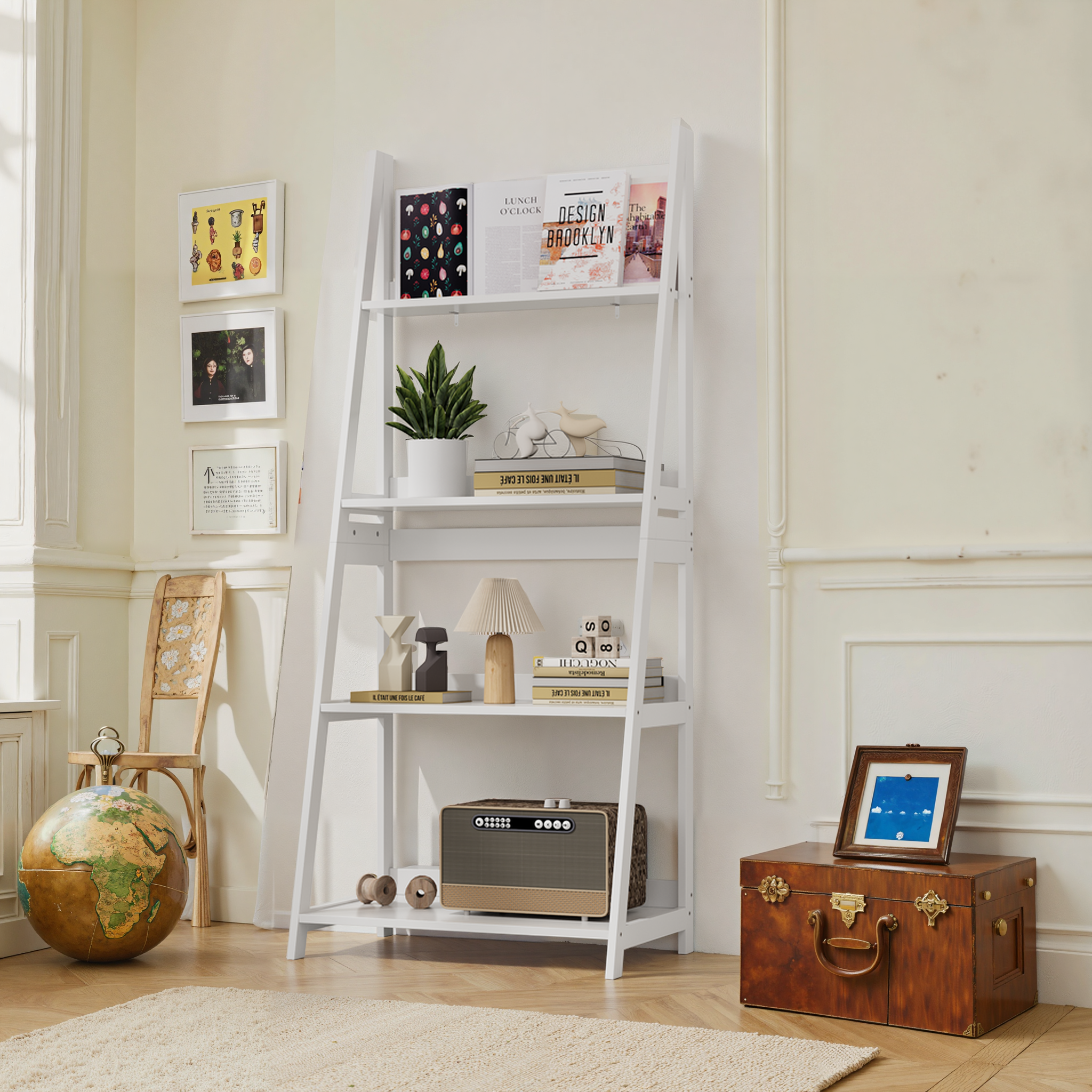 Logidon ladderboekenkast wit 4-laags staande plank 63x39x150 cm