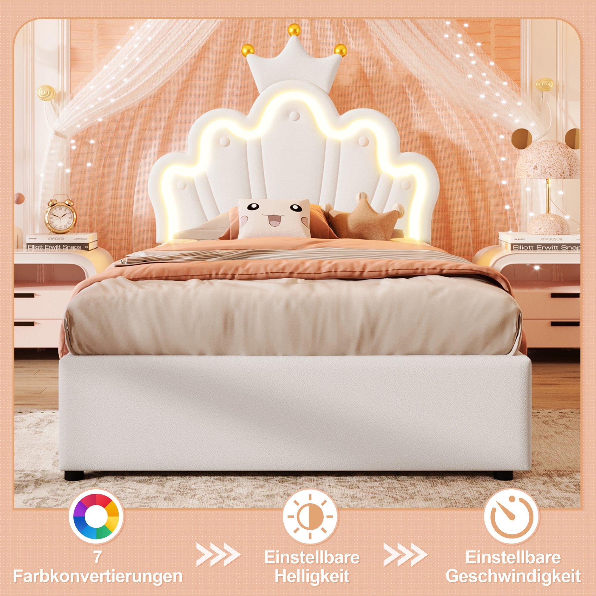 Logidon prinsessenbed 90x200 cm wit kunstleer LED-verlichting