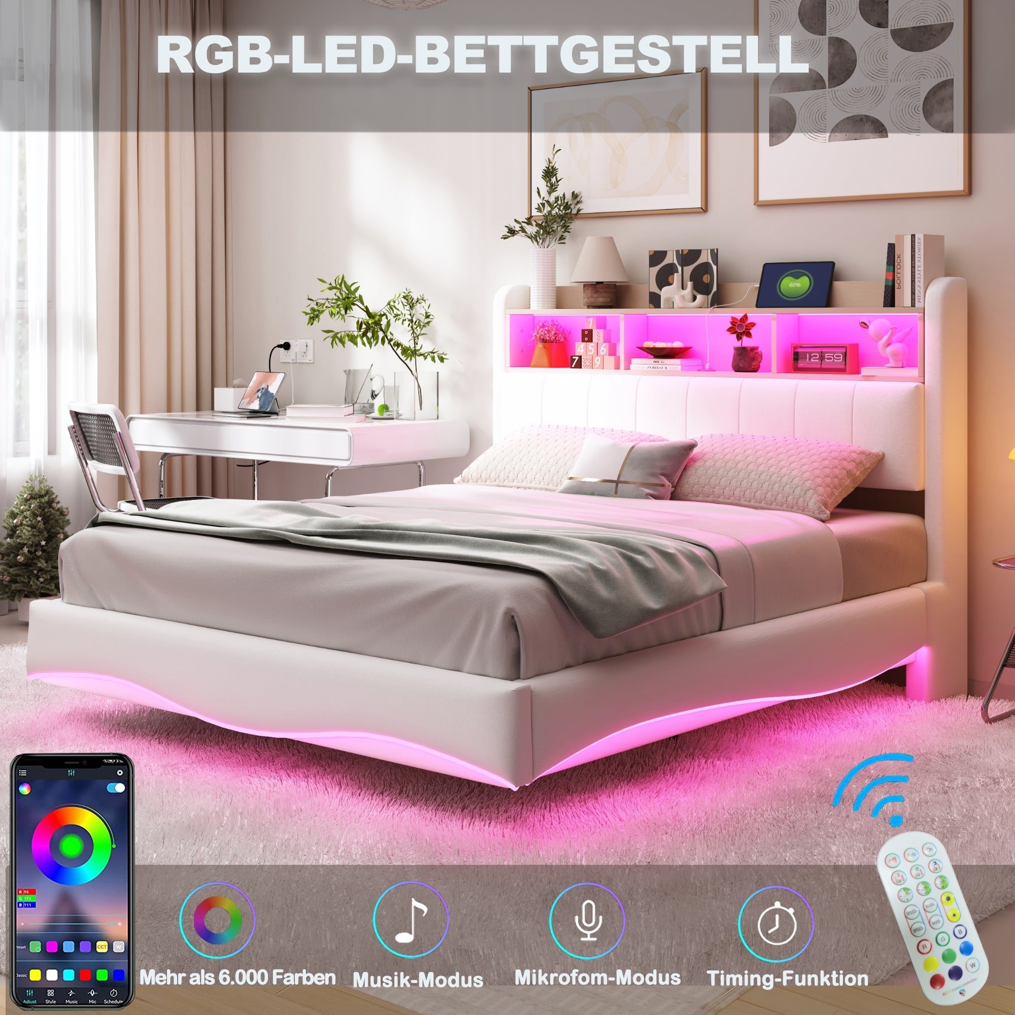 Logidon gestoffeerd bed 140x200 beige met LED-licht USB type C opbergruimte