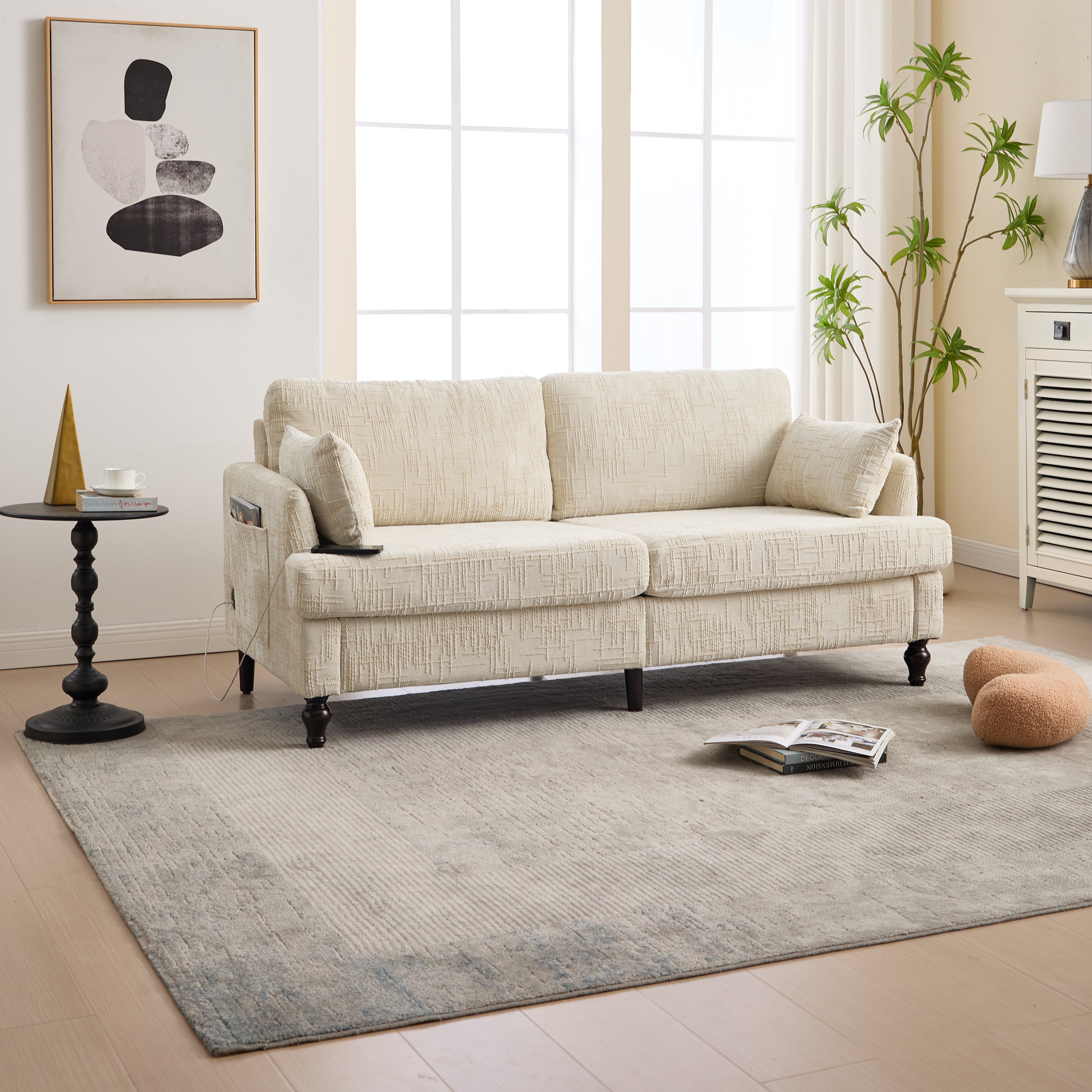 Logidon tweezitsbank van chenille, beige LED-USB-opbergruimte, houten poten