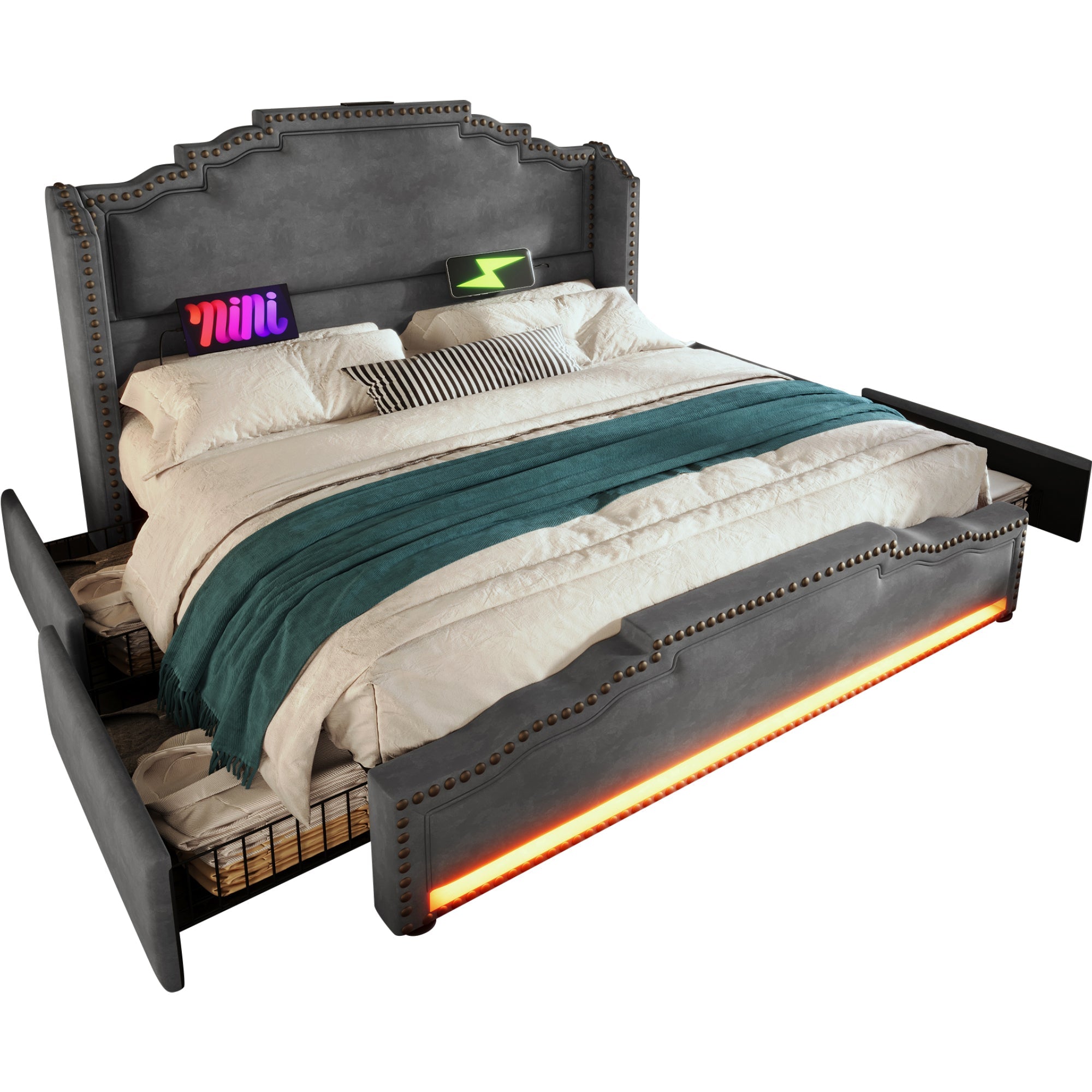Logidon gestoffeerd bed 140x200 fluweelgrijs met 4 oplaad-LED-lampjes USB C