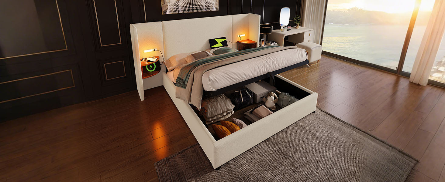 Logidon upholstered bed 160x200 double bed beige linen with storage space