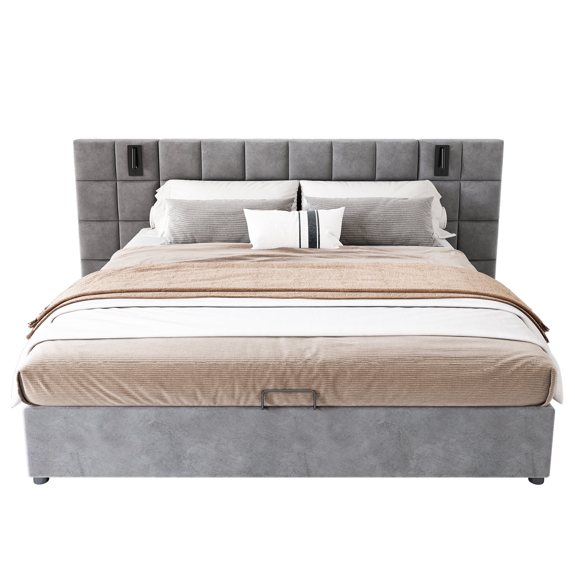 Logidon Gestoffeerd bed met opbergruimte en leeslamp USB Grijs 180x200 cm