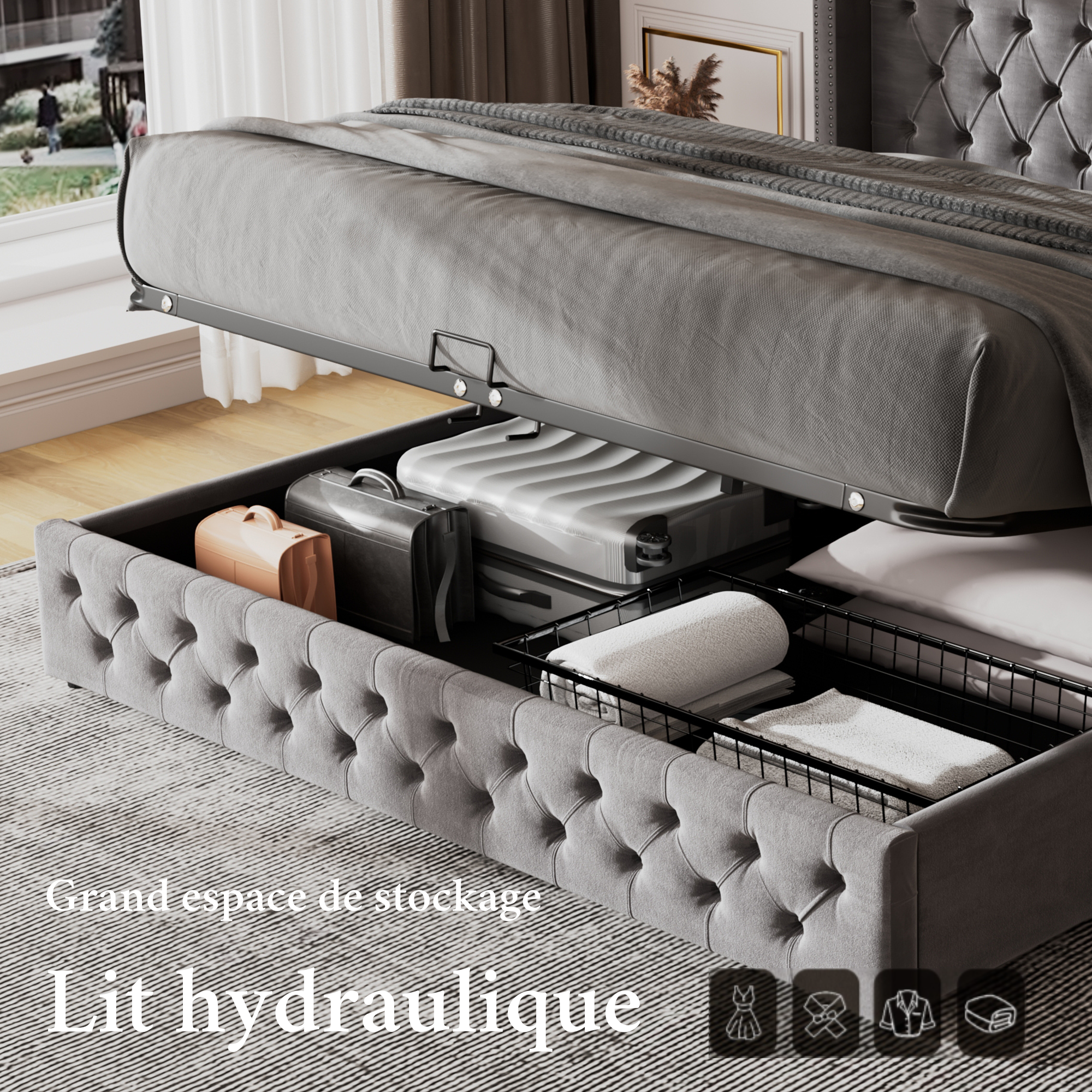 Logidon gestoffeerd tweepersoonsbed 140x190 grijs hydraulisch opbergbaar fluwelen hoofdeinde
