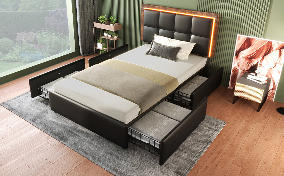 Logidon bed frame LED lighting strip 4 drawers 90x200 black