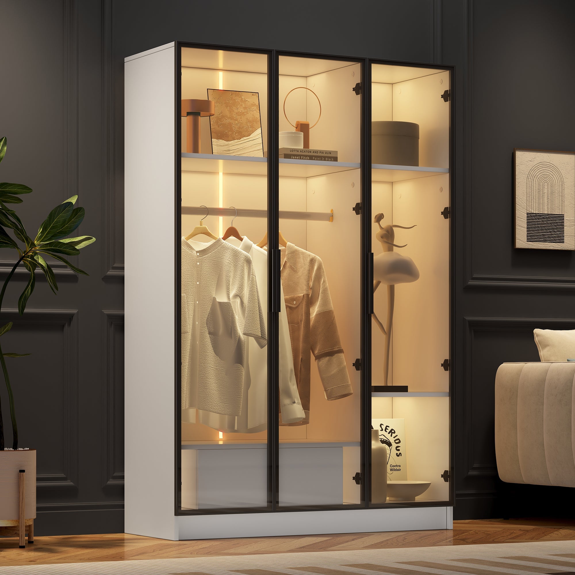 Logidon Witte kledingkast 110x50x160 cm met 3 glazen deuren LED
