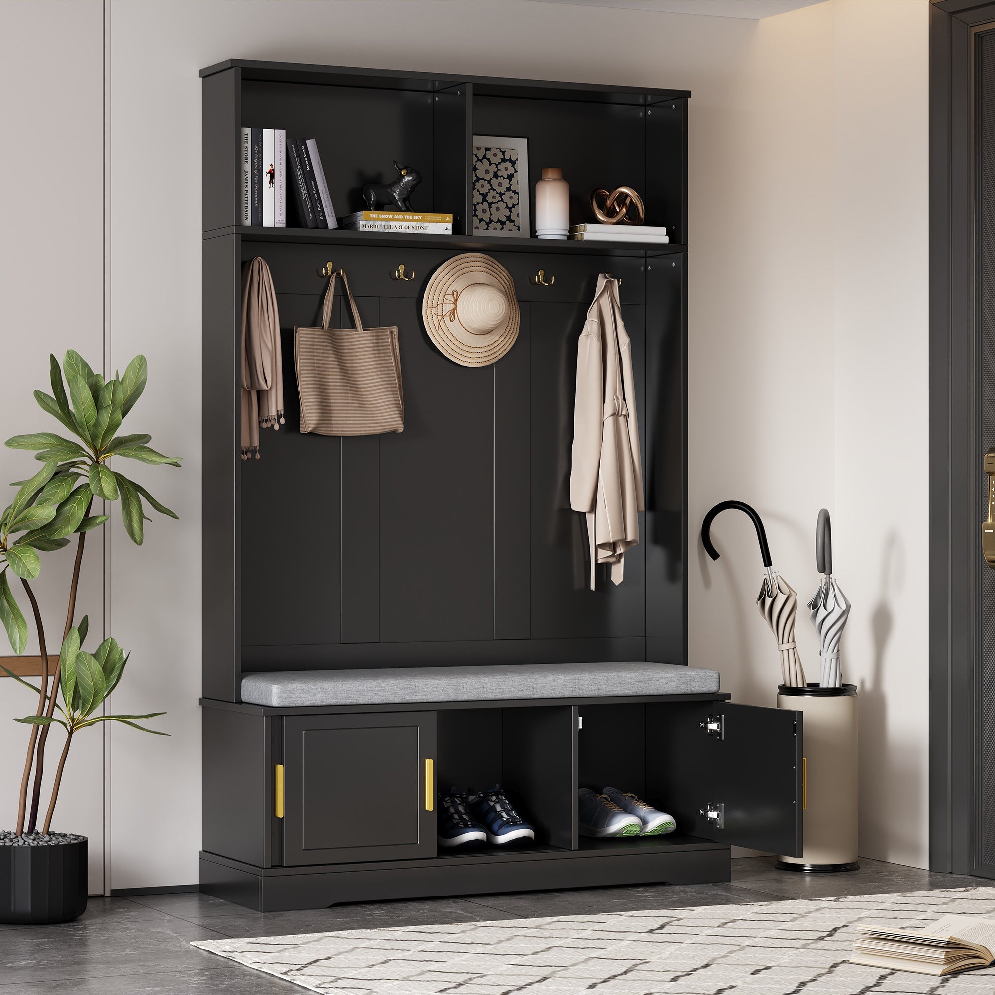 Logidon kapstok schoenenbank met 6 drievoudige haken zwart 120x40x191 cm
