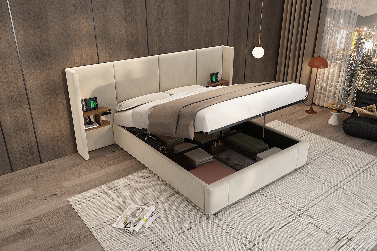 Logidon gestoffeerd bed 160x200 beige fluweel met USB-aansluitingen opbergruimte