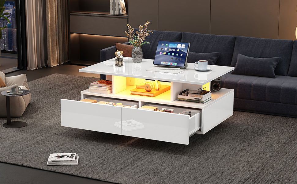 Logidon hoogglans salontafel LED, 2 lades, 90x55x41 cm wit