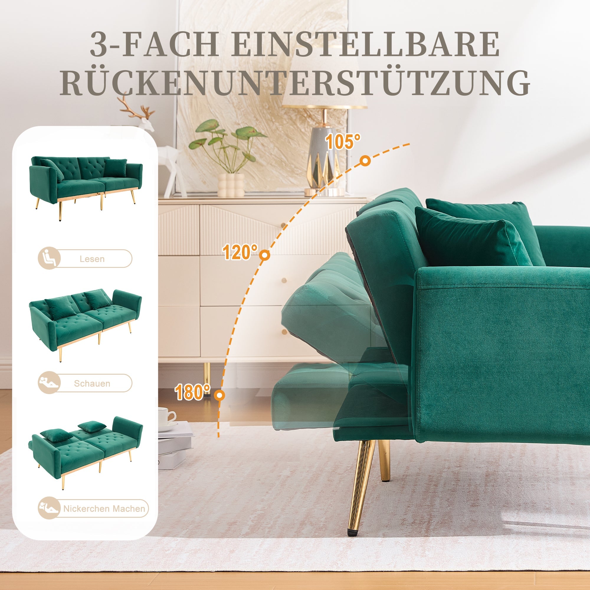 Logidon tweezitsbank smaragd fluweel met verstelbare rugleuning