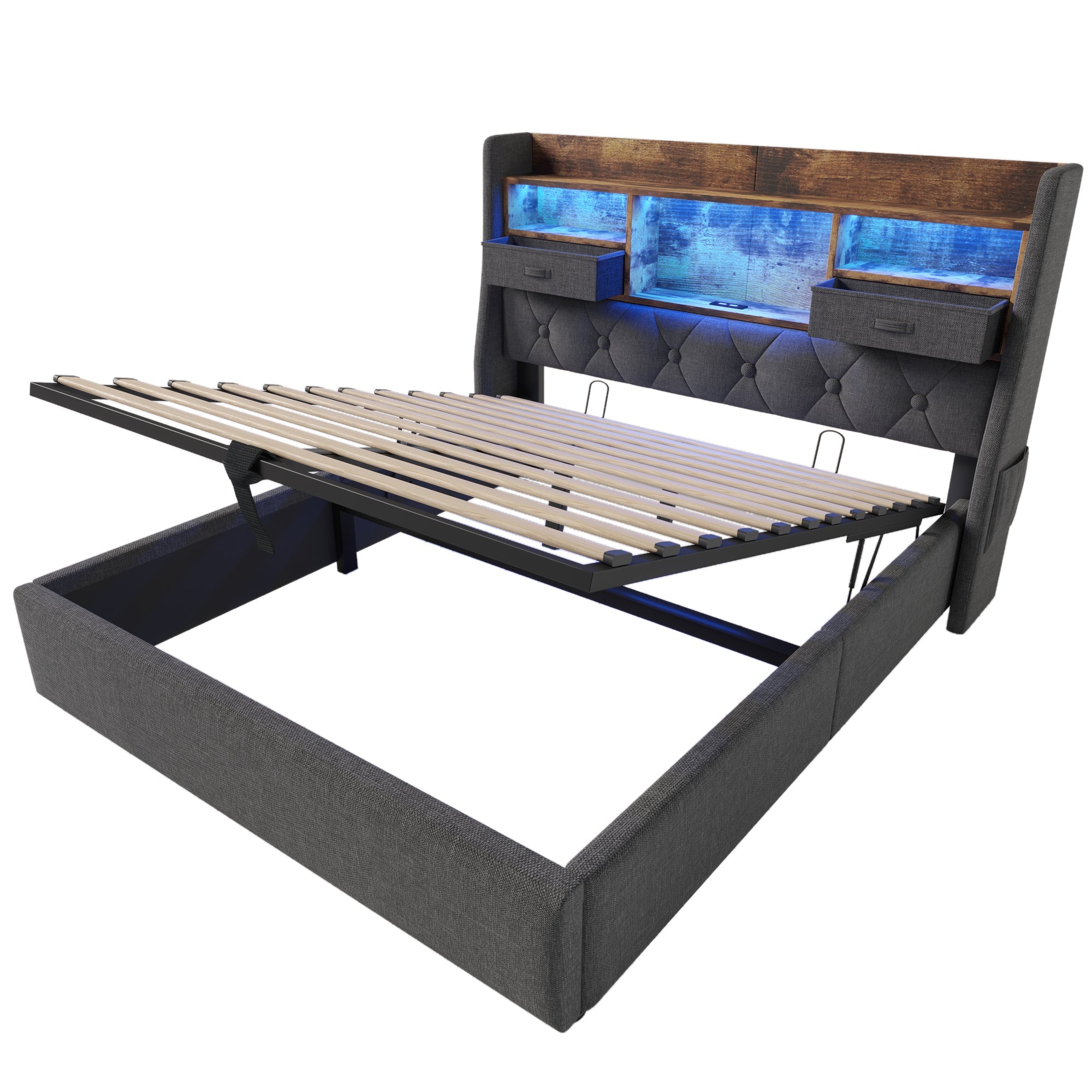 Logidon gestoffeerd bed 160x200 cm met opbergruimte, LED-hoofdbord, USB-C