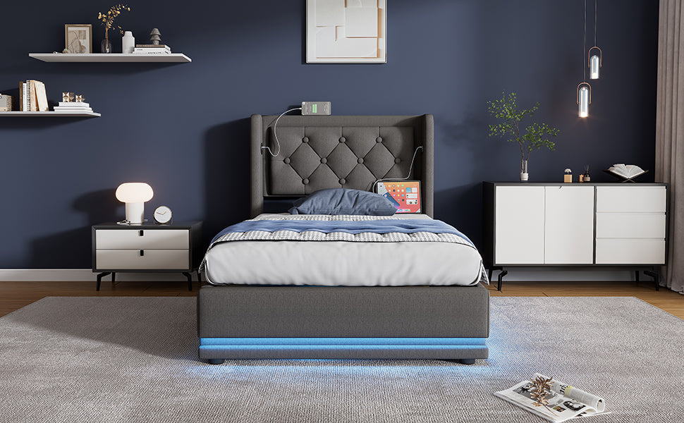 Logidon gestoffeerd bed 90x200 cm grijs met USB-C oplaadfunctie en LED